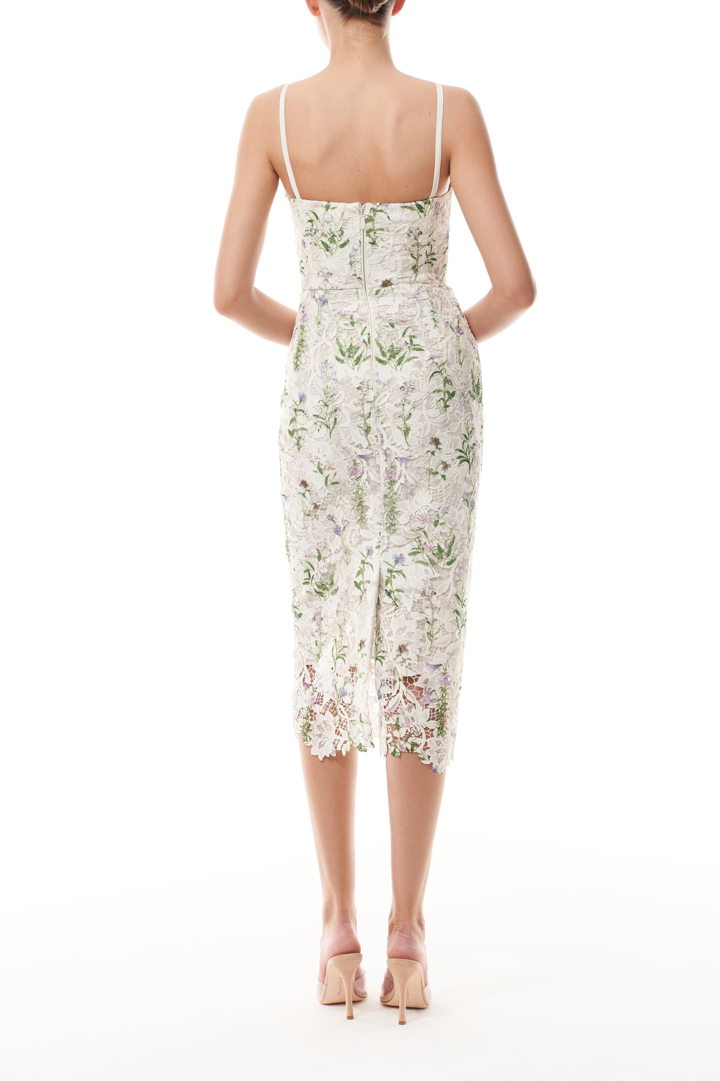 Monique Lhuillier Fall 2025 Corseted Floral Lace Dress in Pressed Floral Printed lace - back.