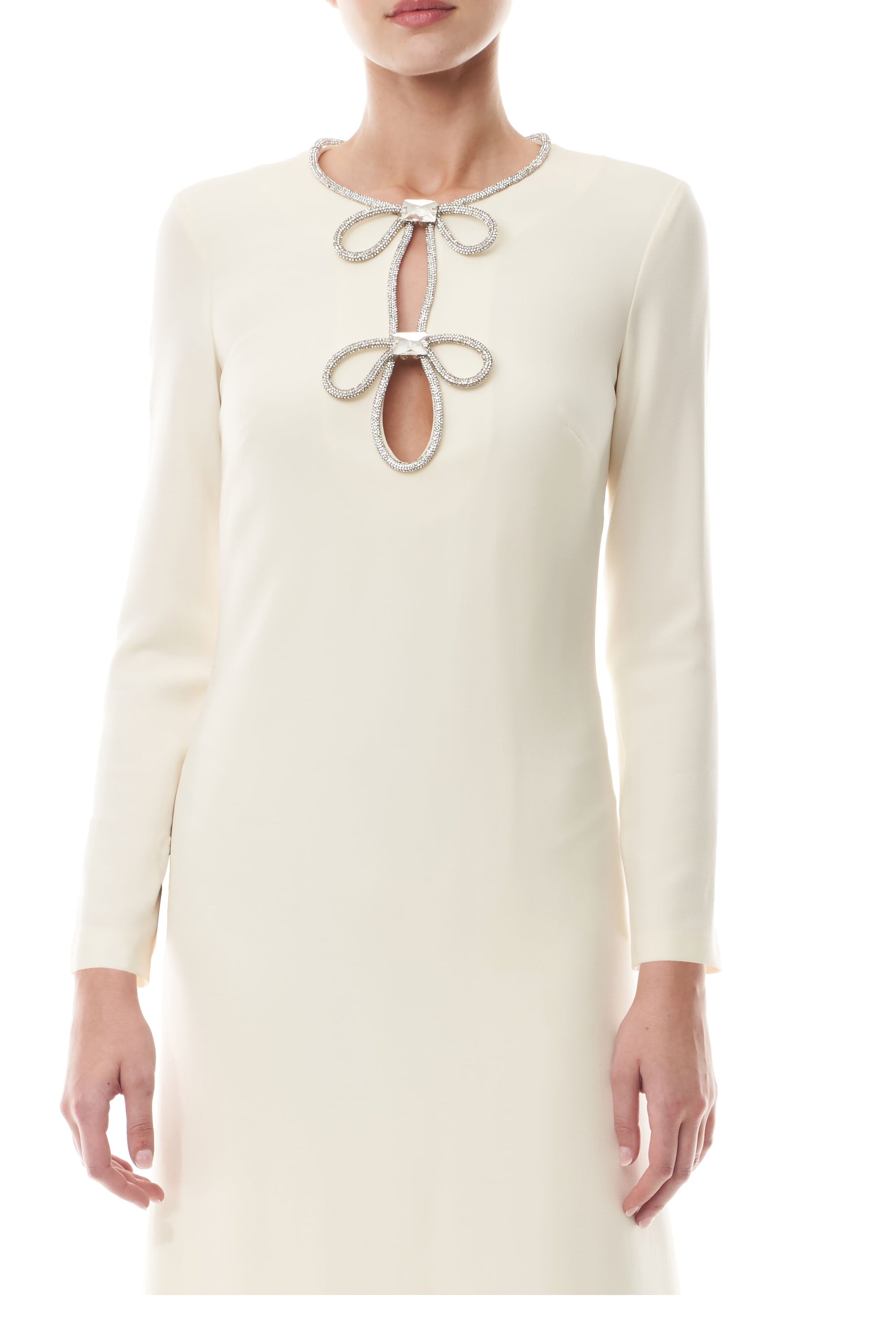 Monique Lhuillier Fall 2025 Ivory Crystal bow key-hole mini dress in lightweight silk wool suiting - fabric.