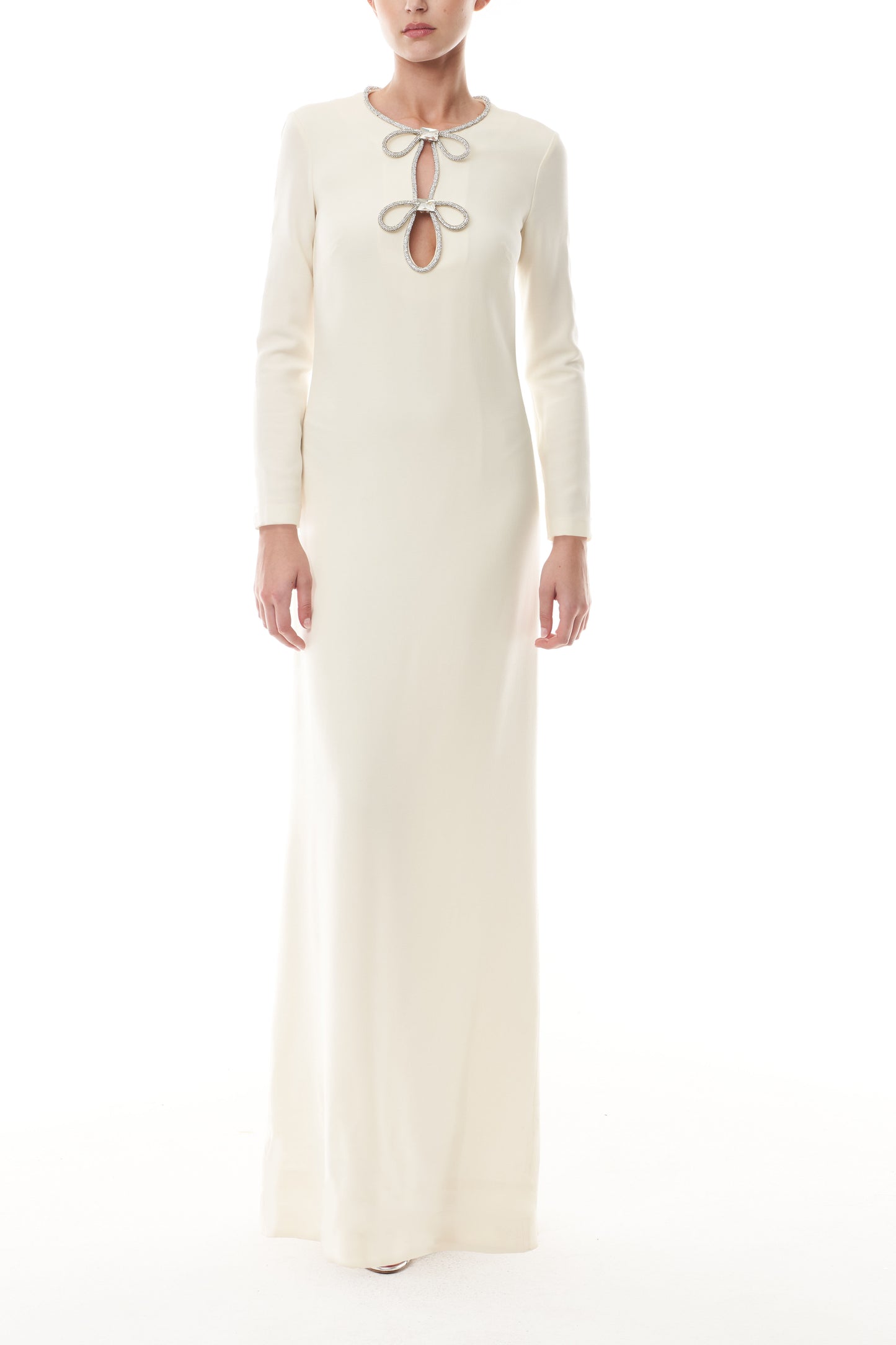 Monique Lhuillier Fall 2025 Ivory Crystal bow key-hole mini dress in lightweight silk wool suiting - front.