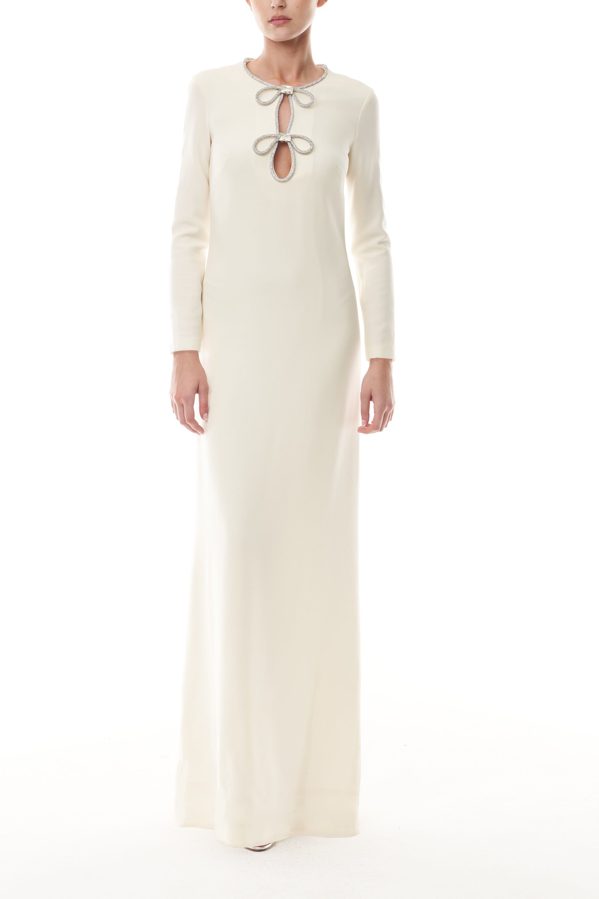 Monique Lhuillier Fall 2025 Ivory Crystal bow key-hole mini dress in lightweight silk wool suiting - front.