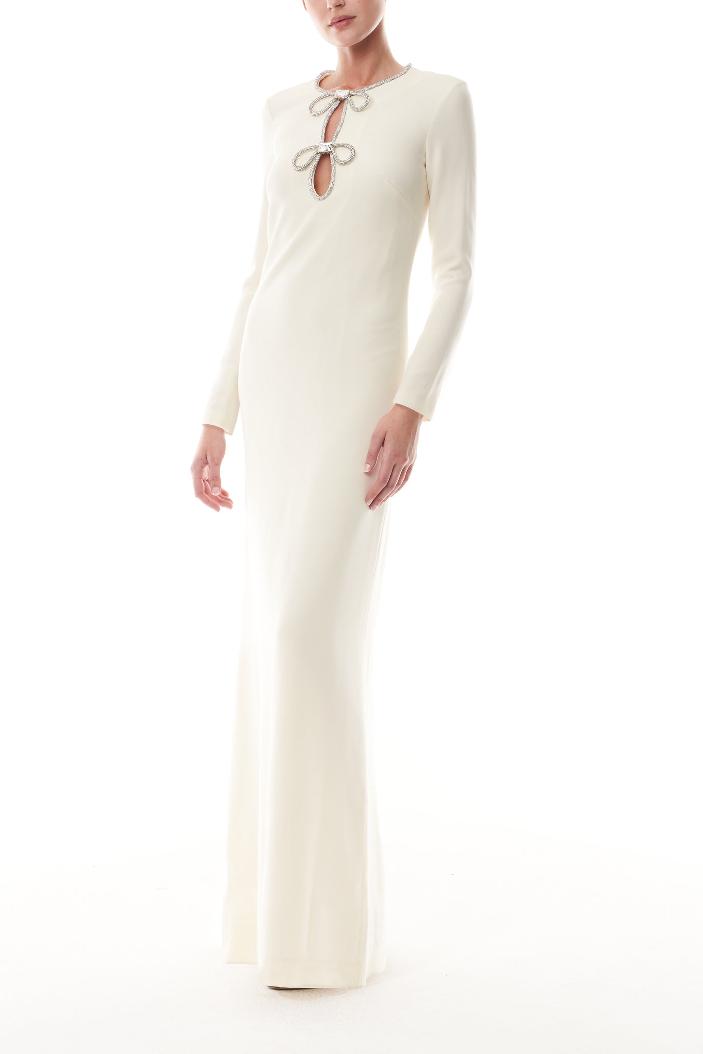 Monique Lhuillier Fall 2025 Ivory Crystal bow key-hole mini dress in lightweight silk wool suiting - side.