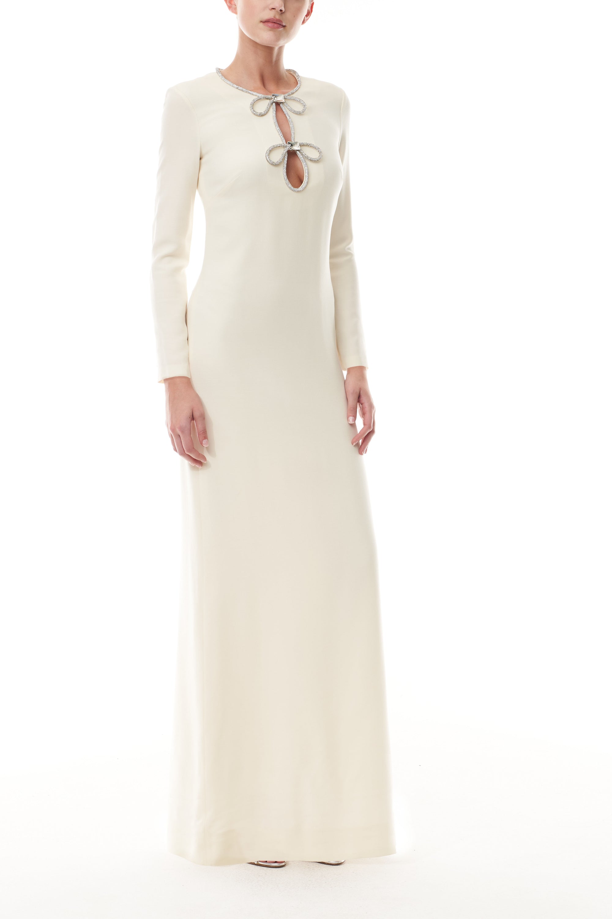 Monique Lhuillier Fall 2025 Ivory Crystal bow key-hole mini dress in lightweight silk wool suiting - side.