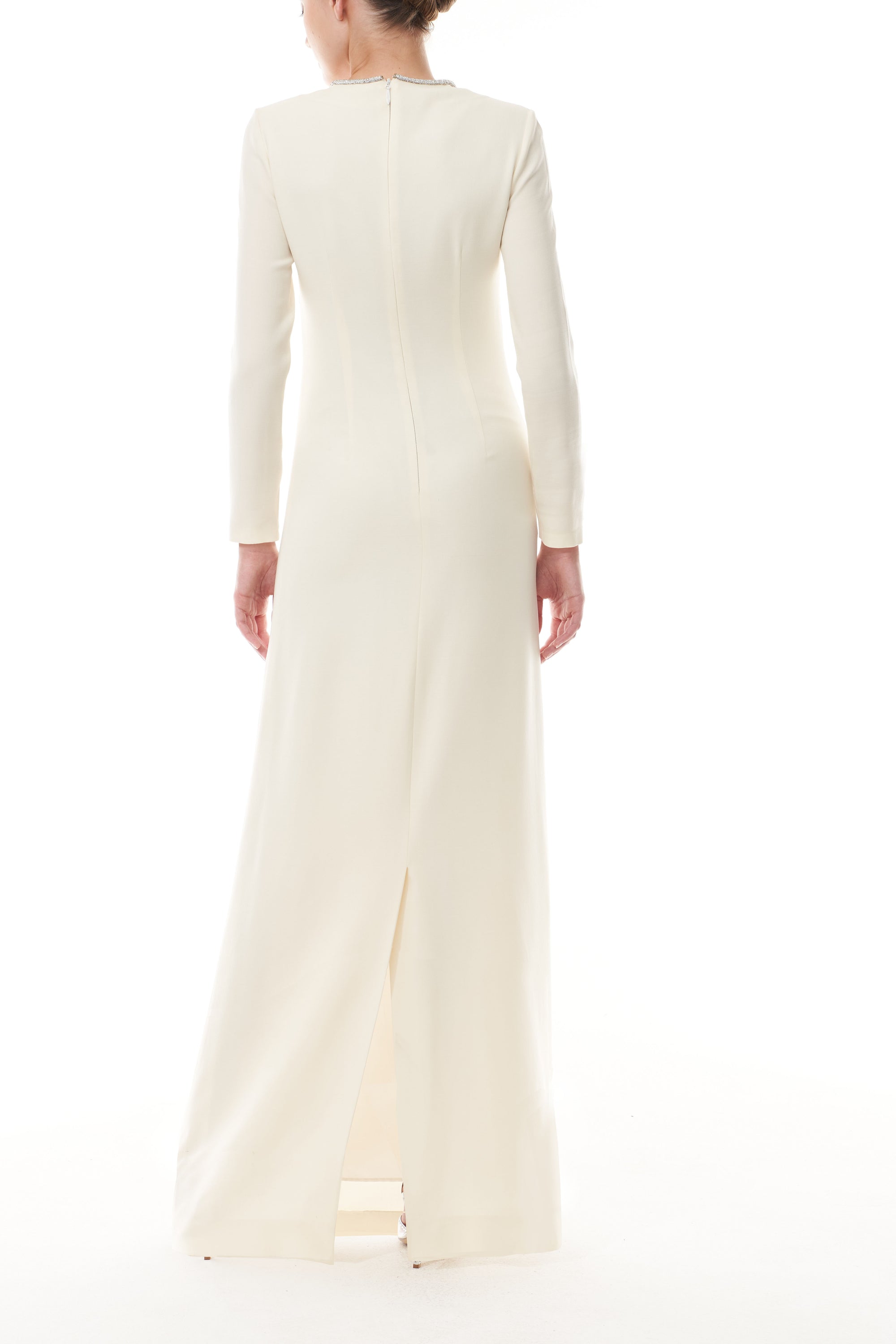 Monique Lhuillier Fall 2025 Ivory Crystal bow key-hole mini dress in lightweight silk wool suiting - back.