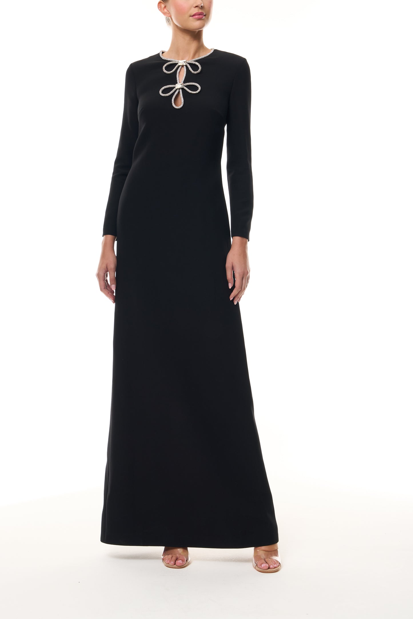 Monique Lhuillier Fall 2025 Noir/Silver Crystal bow key-hole mini dress in lightweight silk wool suiting - front.