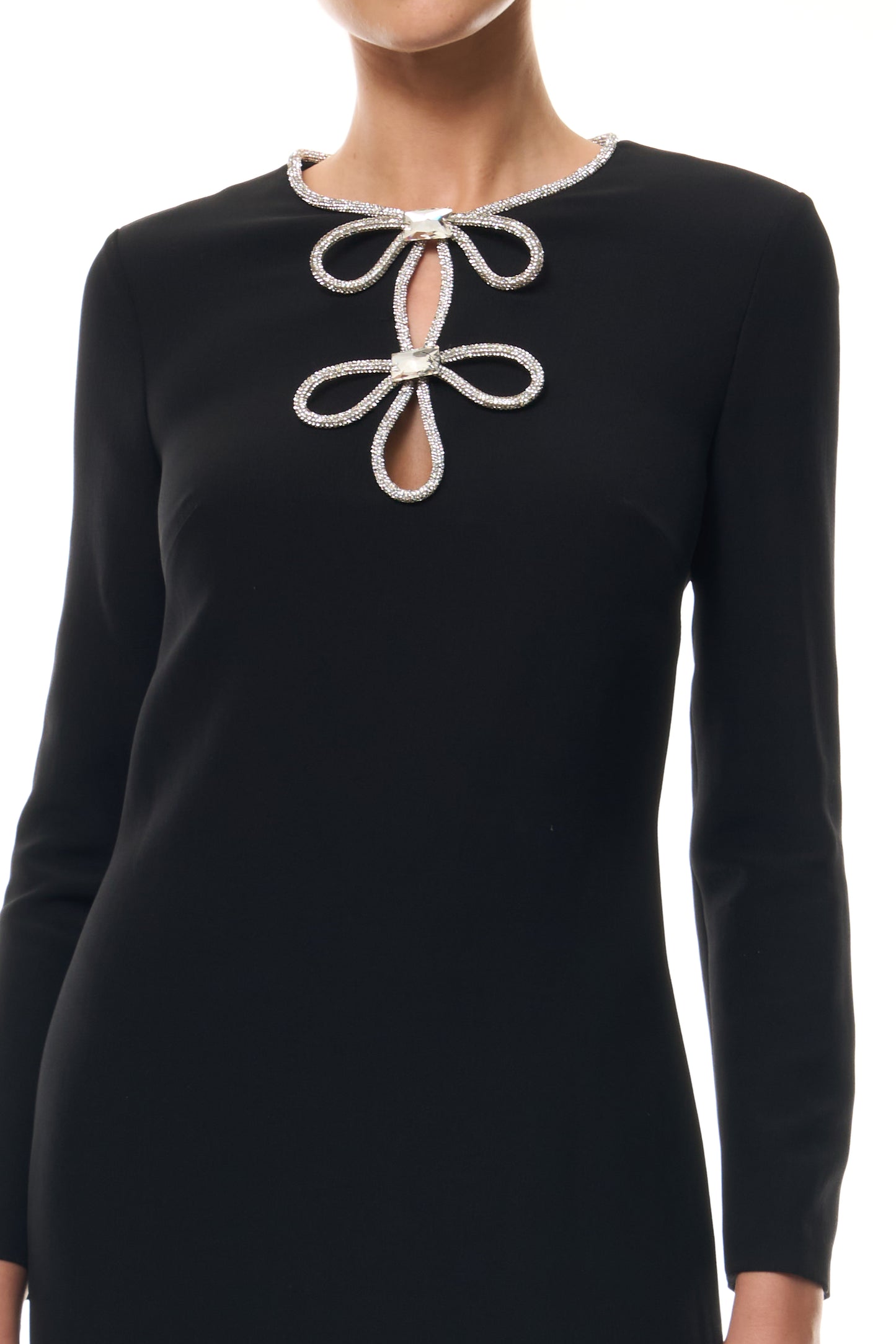 Monique Lhuillier Fall 2025 Noir/Silver Crystal bow key-hole mini dress in lightweight silk wool suiting - fabric.