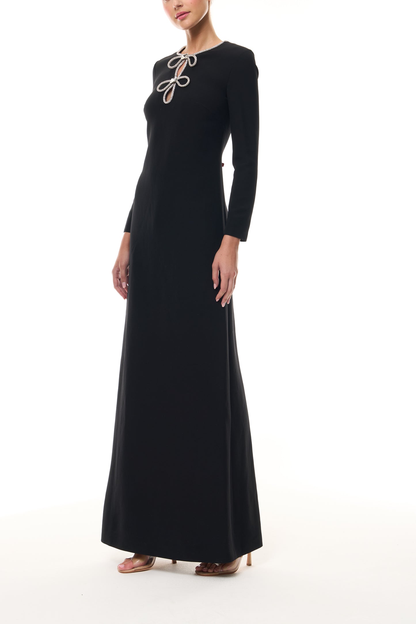 Monique Lhuillier Fall 2025 Noir/Silver Crystal bow key-hole mini dress in lightweight silk wool suiting - side.