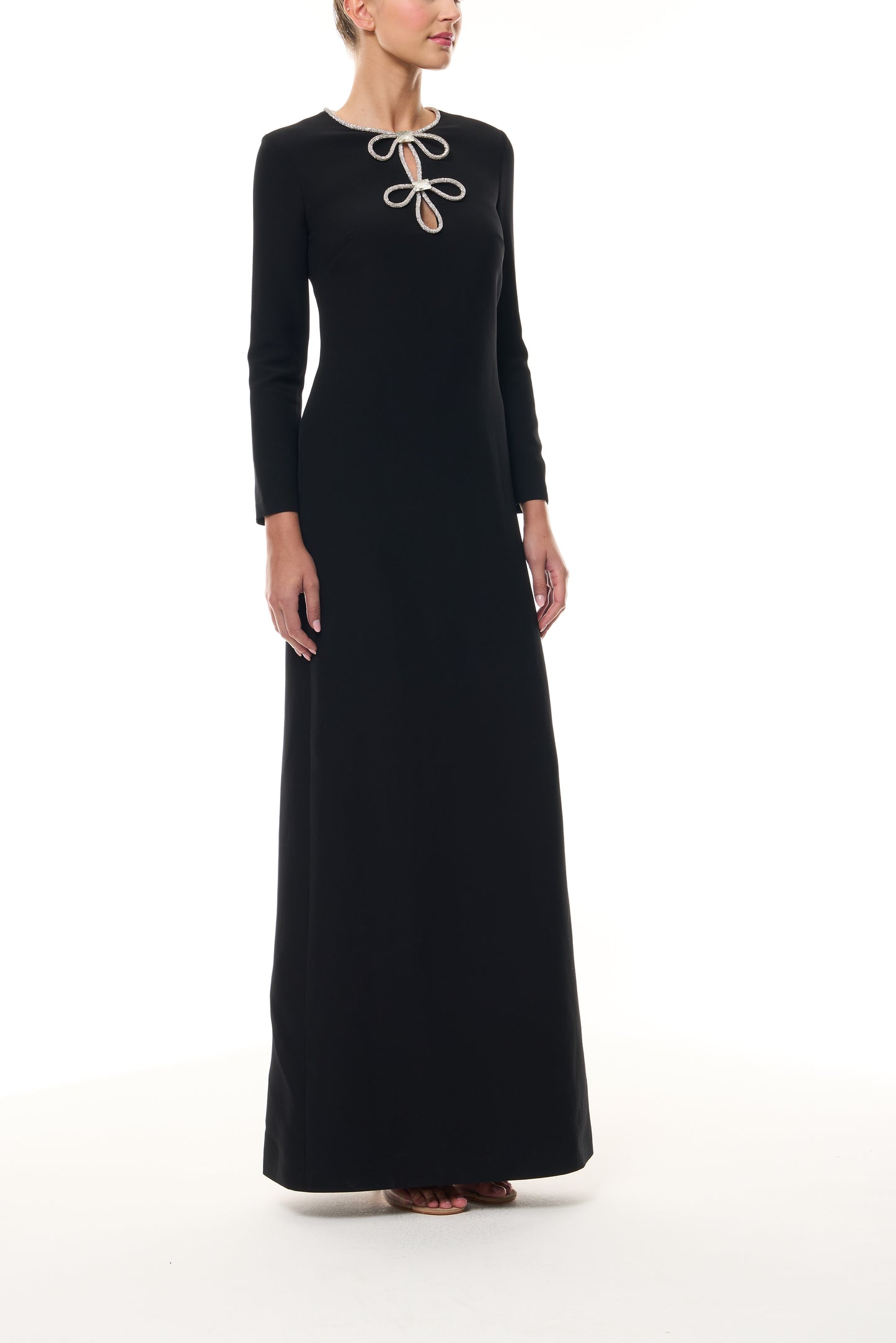 Monique Lhuillier Fall 2025 Noir/Silver Crystal bow key-hole mini dress in lightweight silk wool suiting - side.