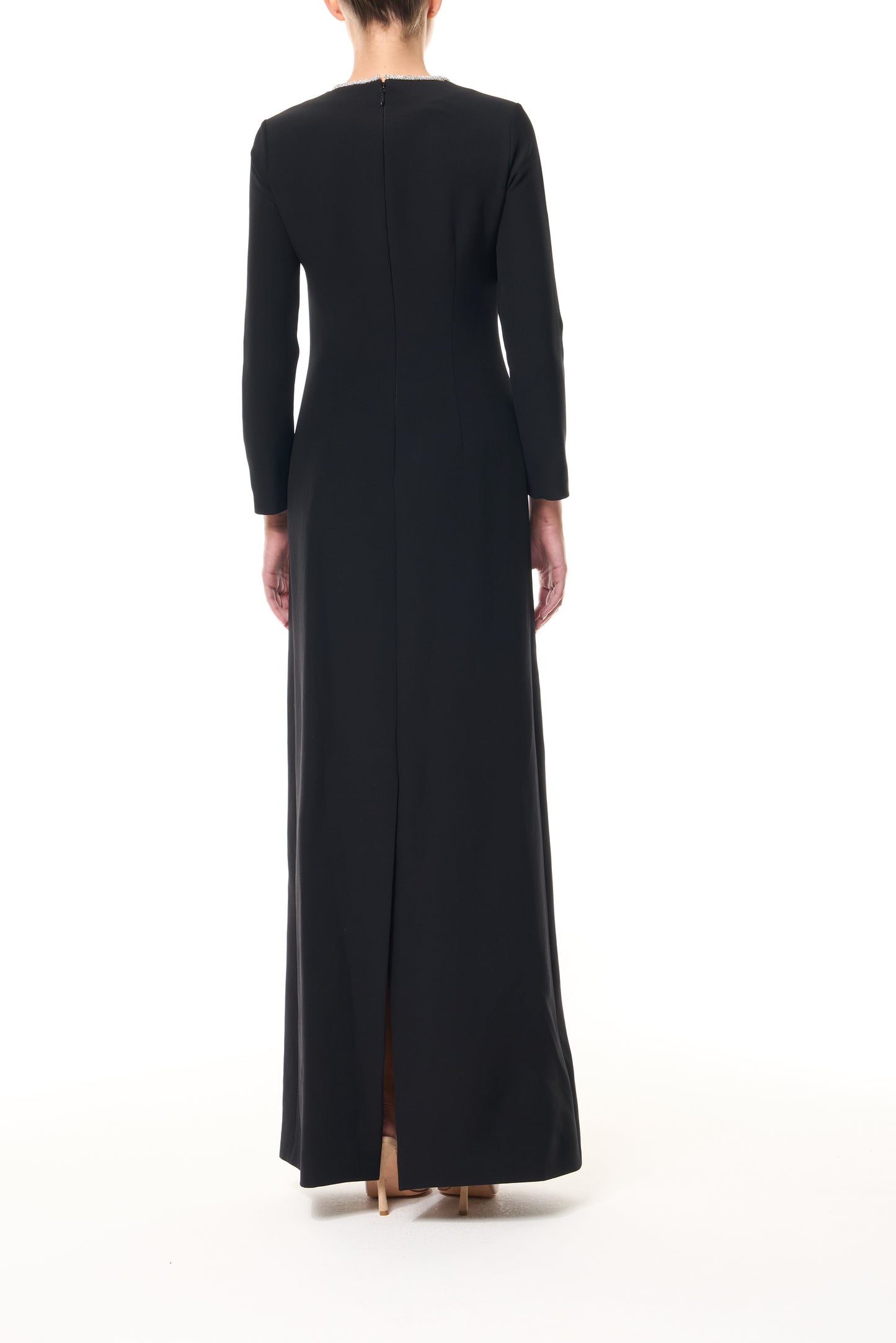 Monique Lhuillier Fall 2025 Noir/Silver Crystal bow key-hole mini dress in lightweight silk wool suiting - back.