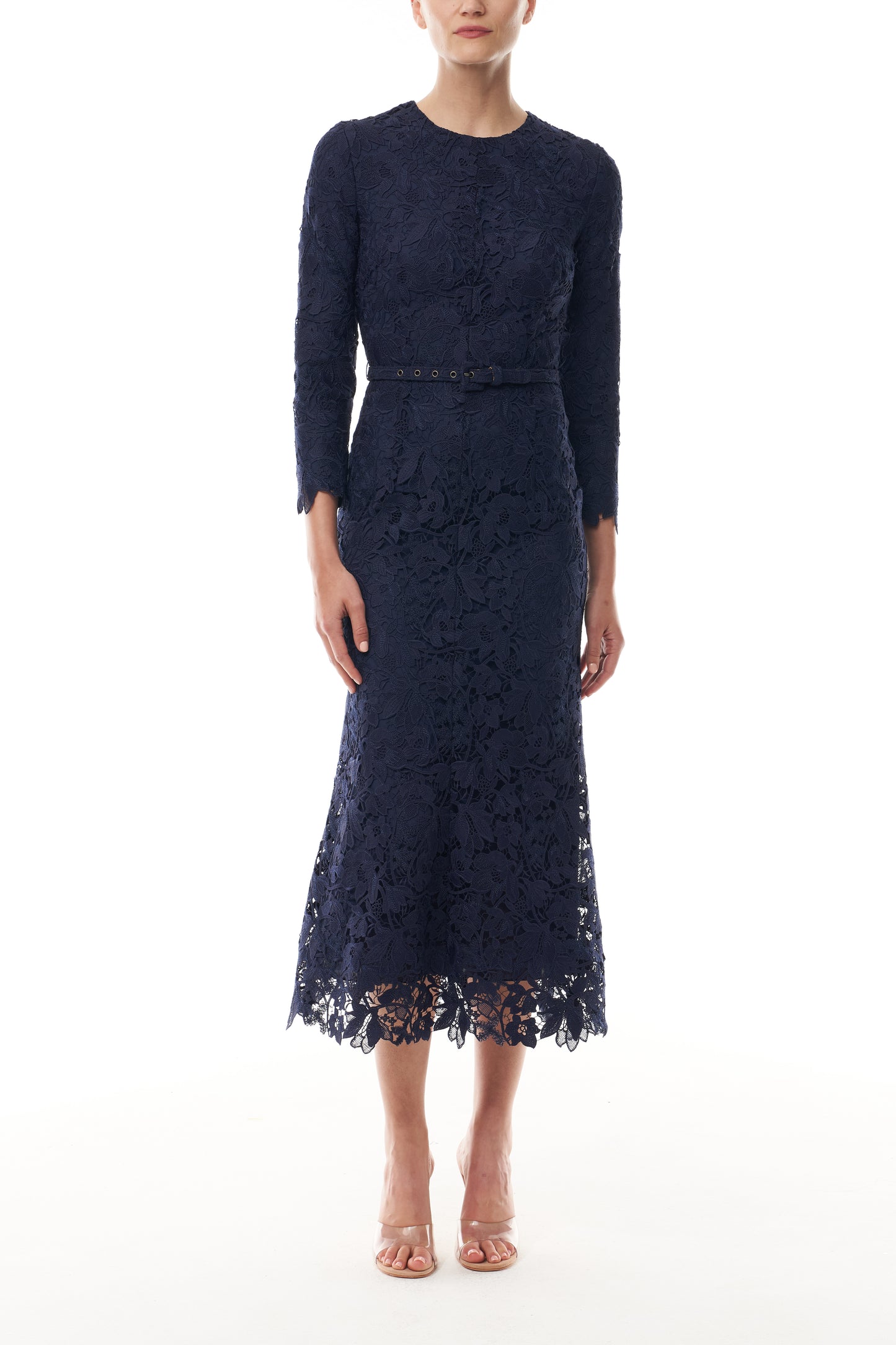 Monique Lhuillier Fall 2025 Long Sleeve Lace Midi Dress in Ocean Orchid Lace with belt - front.
