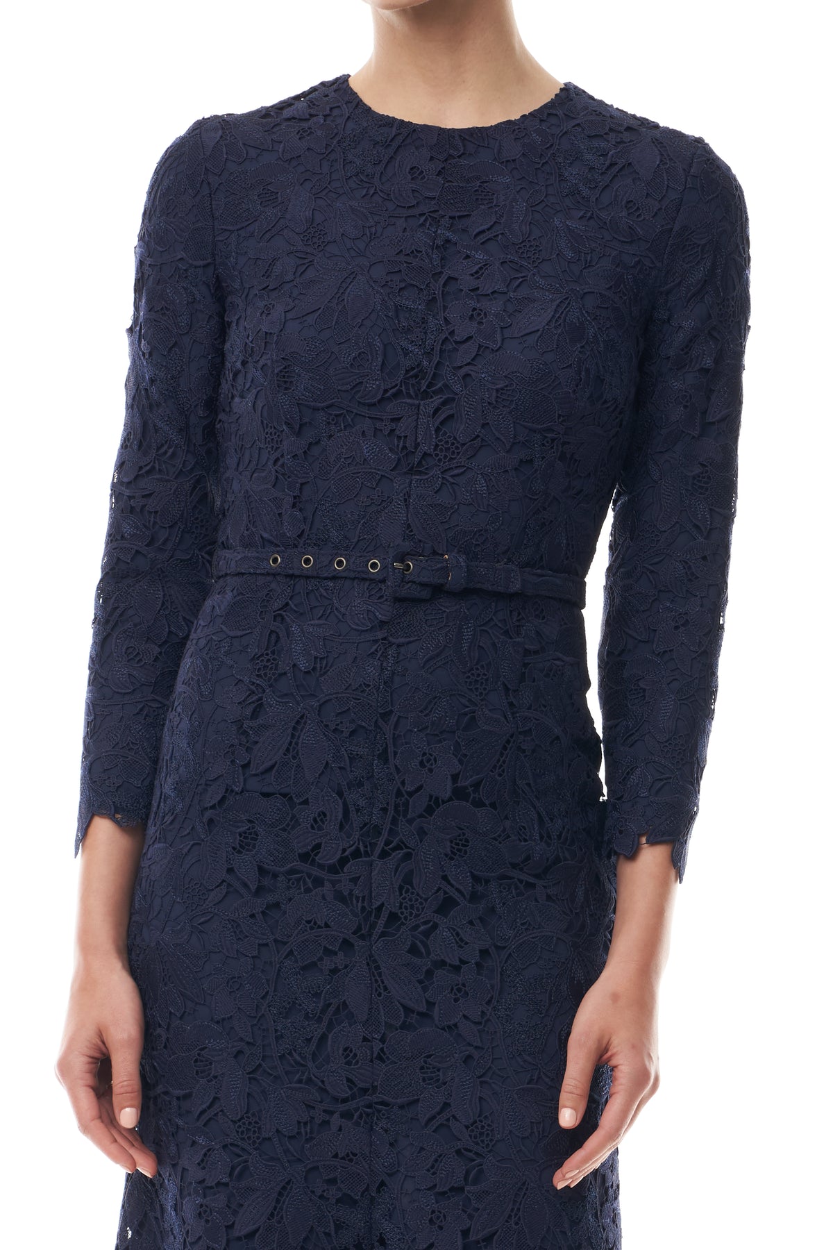 Monique Lhuillier Fall 2025 Long Sleeve Lace Midi Dress in Ocean Orchid Lace with belt - fabric.