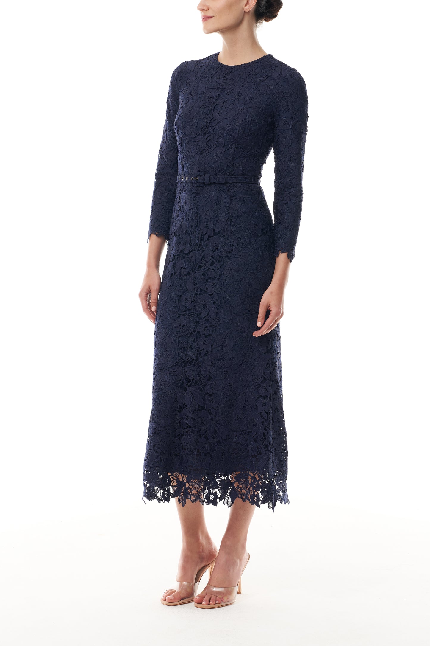 Monique Lhuillier Fall 2025 Long Sleeve Lace Midi Dress in Ocean Orchid Lace with belt - side.