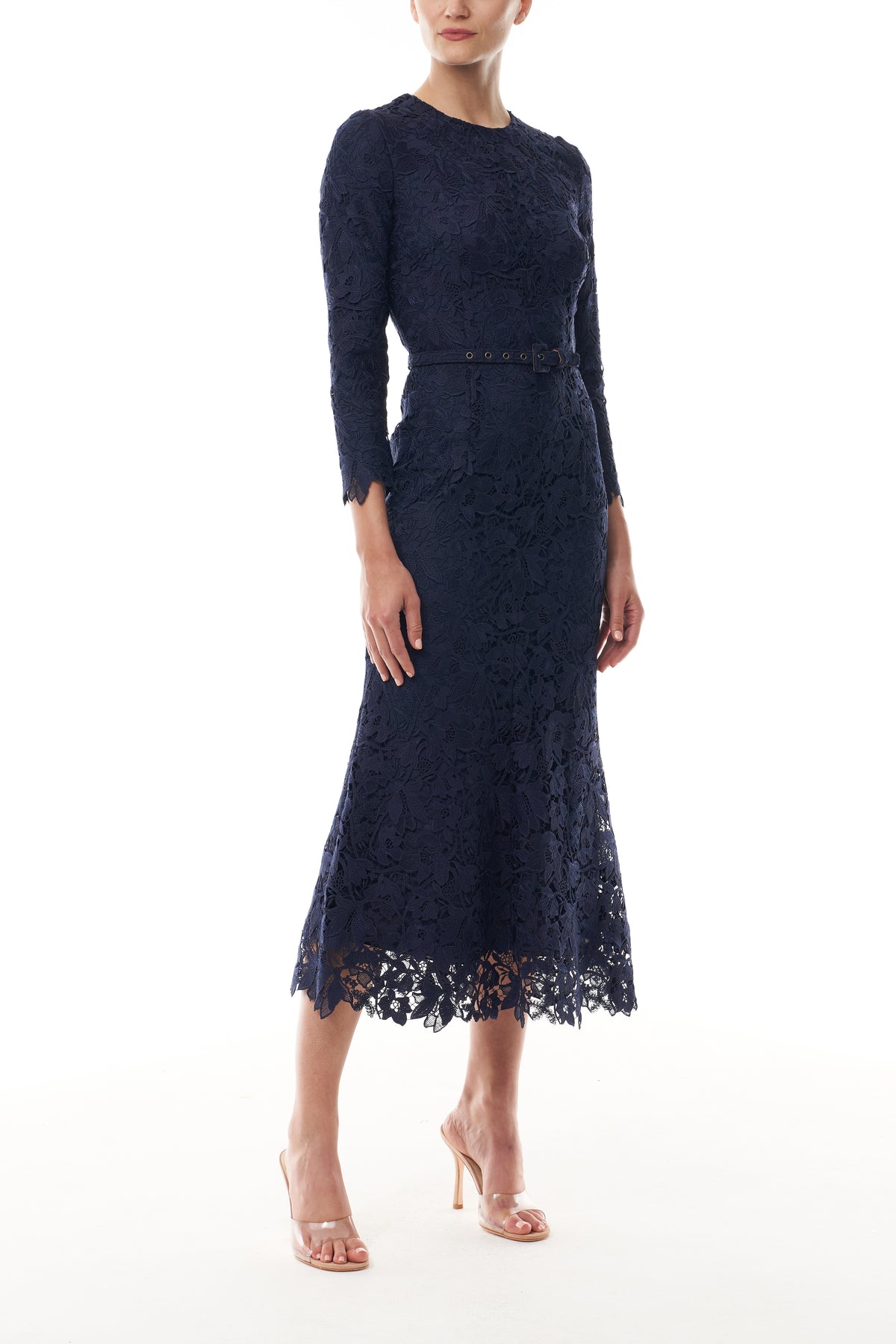 Monique Lhuillier Fall 2025 Long Sleeve Lace Midi Dress in Ocean Orchid Lace with belt - side.