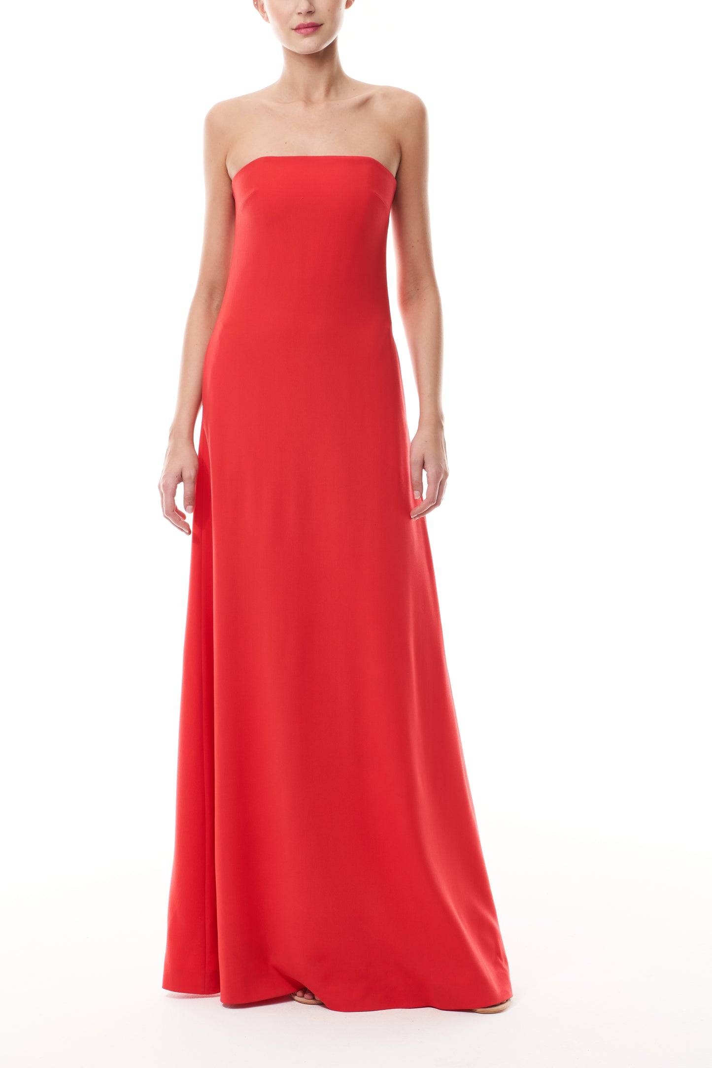 Monique Lhuillier Fall 2025 Vermilion Strapless A-line Gown Silk Wool Suiting - front.