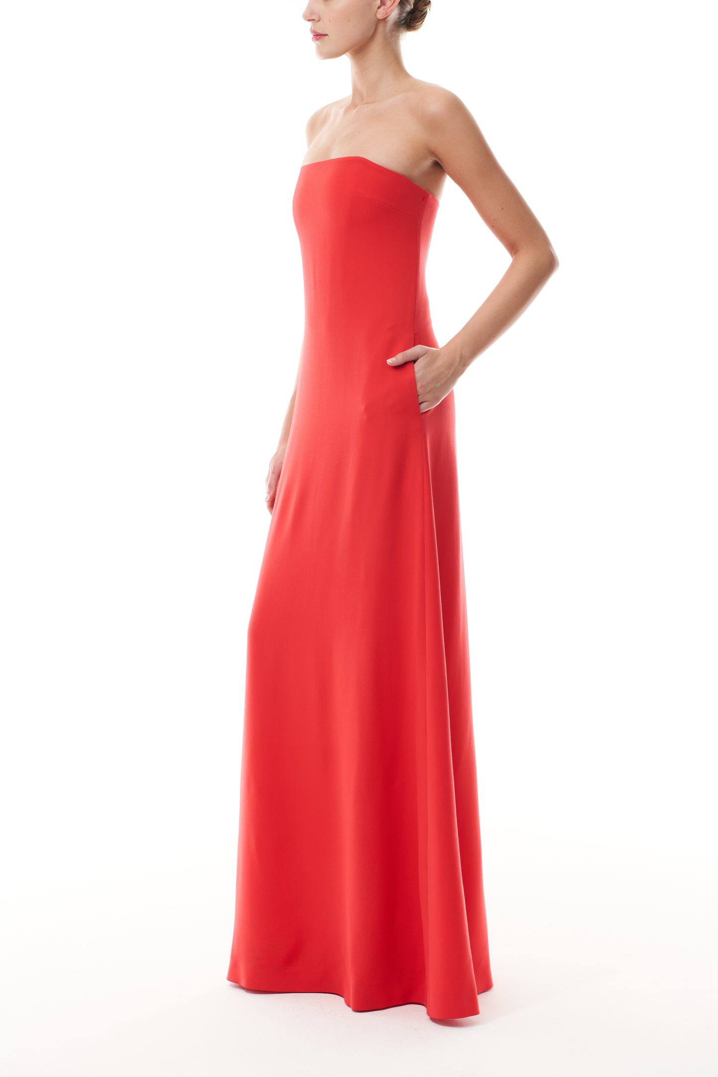 Monique Lhuillier Fall 2025 Vermilion Strapless A-line Gown Silk Wool Suiting - side.