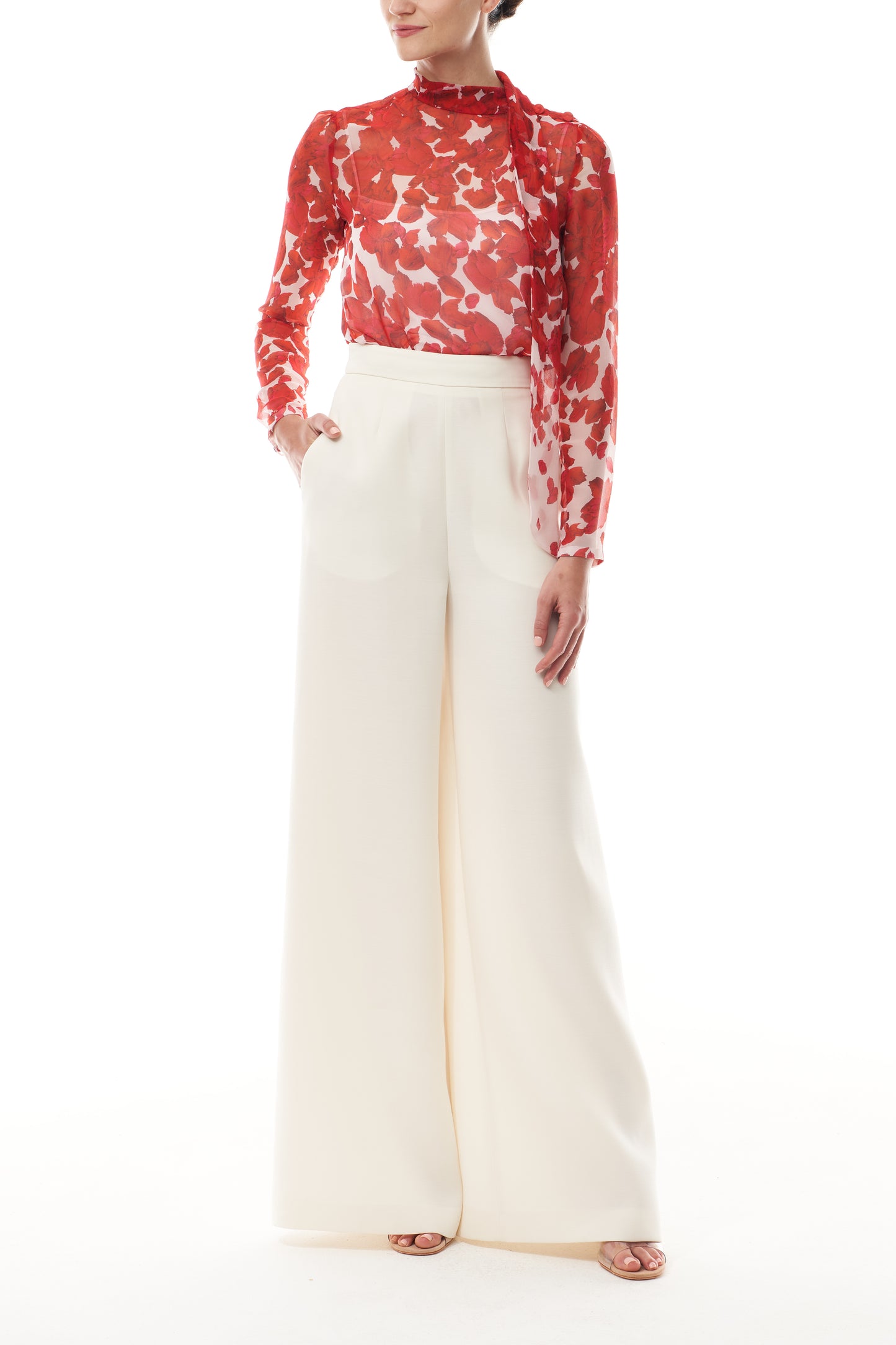 Monique Lhuillier Fall 2025 Candy/Multi Rose Petal Printed Chiffon scarf neck blouse- front.