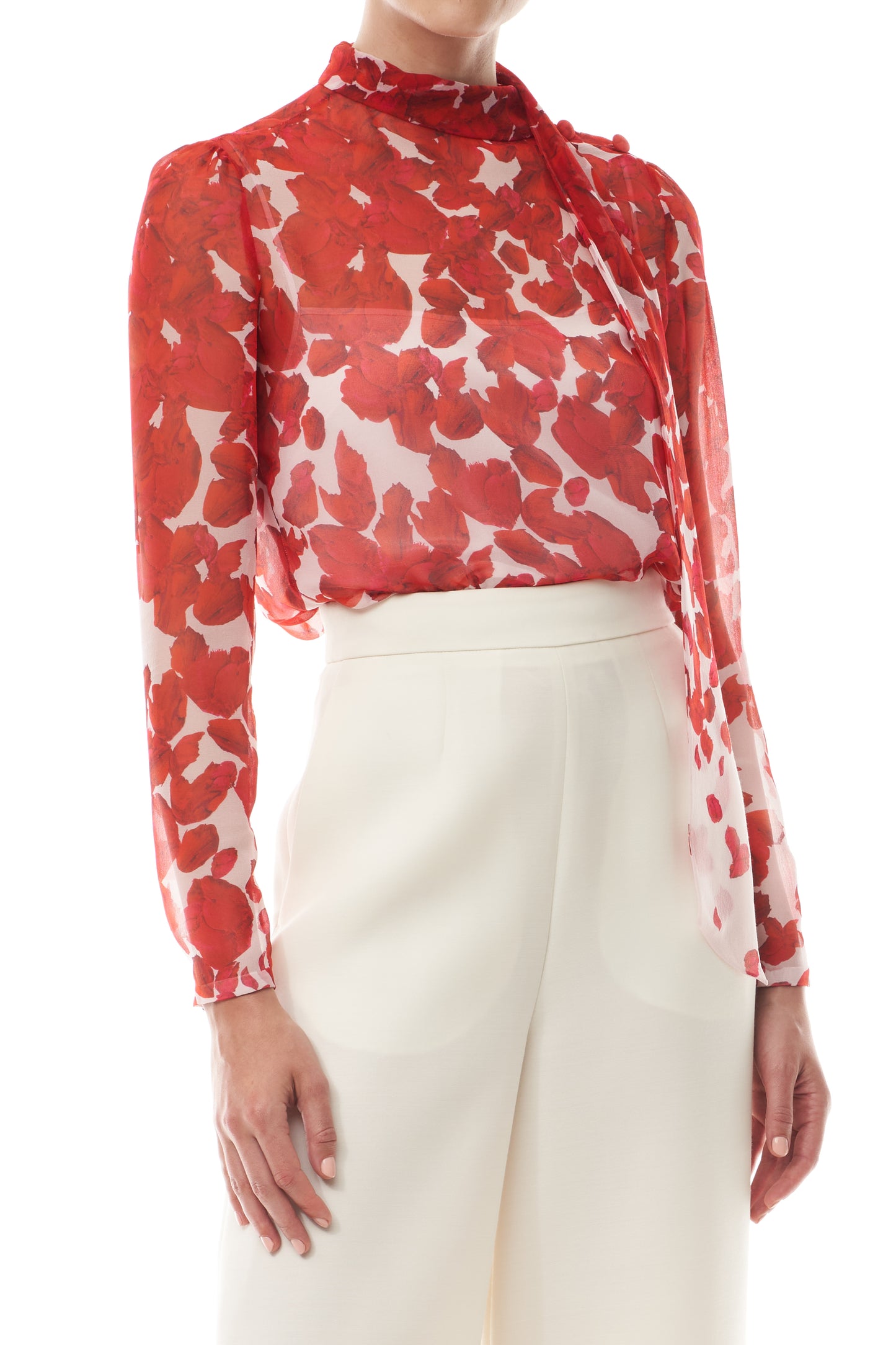 Monique Lhuillier Fall 2025 Candy/Multi Rose Petal Printed Chiffon scarf neck blouse- fabric.
