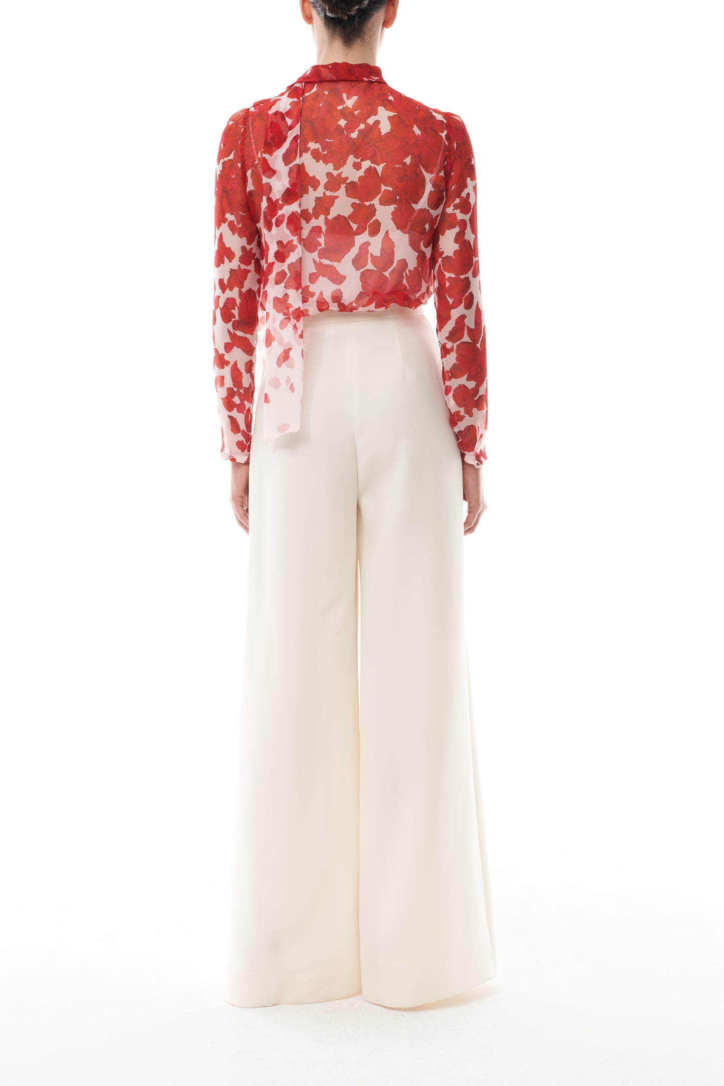 Monique Lhuillier Fall 2025 Candy/Multi Rose Petal Printed Chiffon scarf neck blouse- back.
