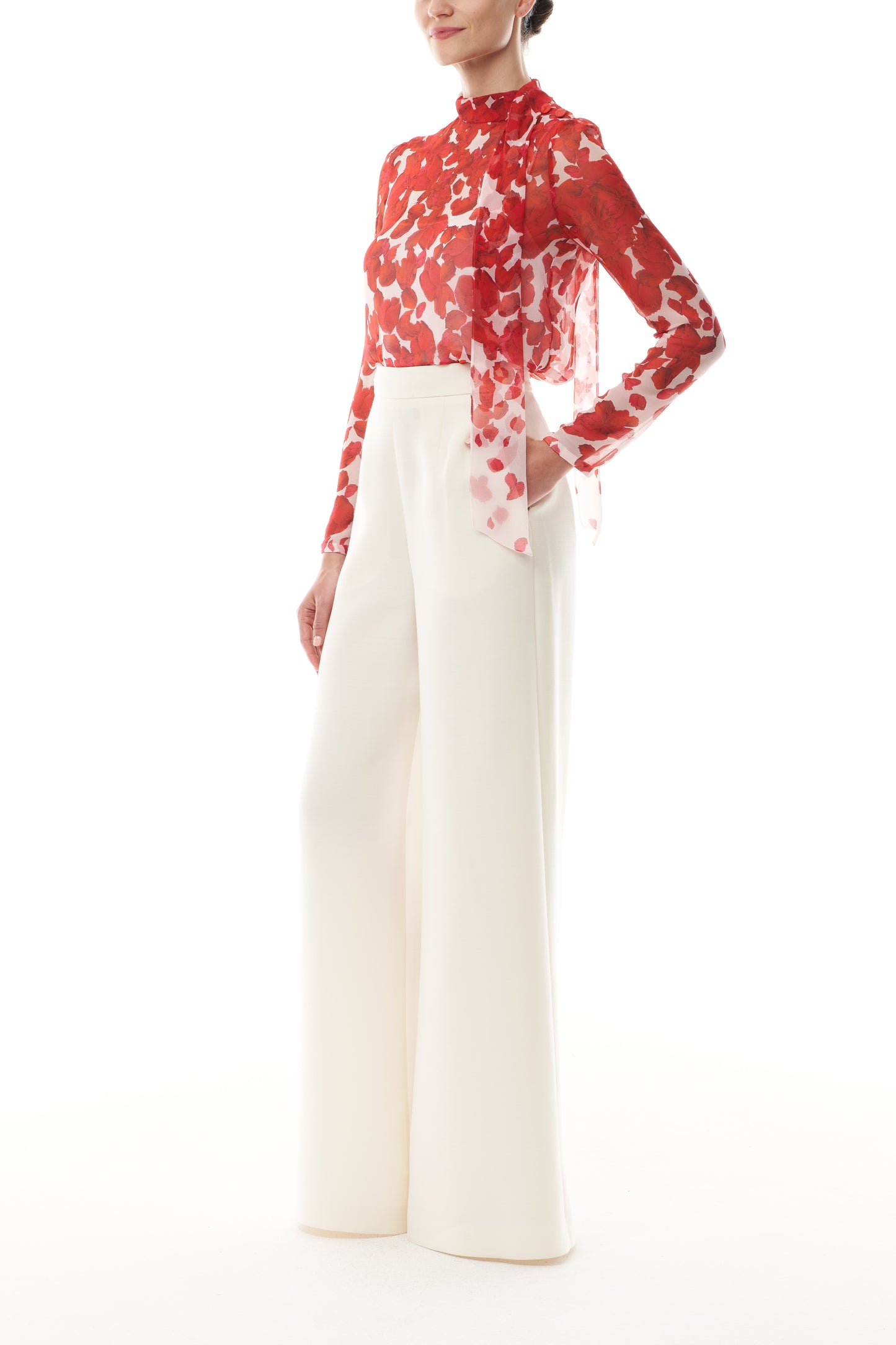 Monique Lhuillier Fall 2025 Candy/Multi Rose Petal Printed Chiffon scarf neck blouse- side.