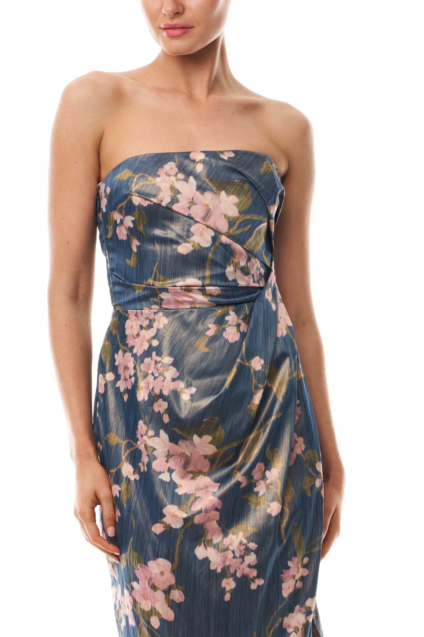 Monique Lhuillier Fall 2025 Draped Strapless Column Gown in Ocean/Multi Wisteria Printed Chine - fabric.