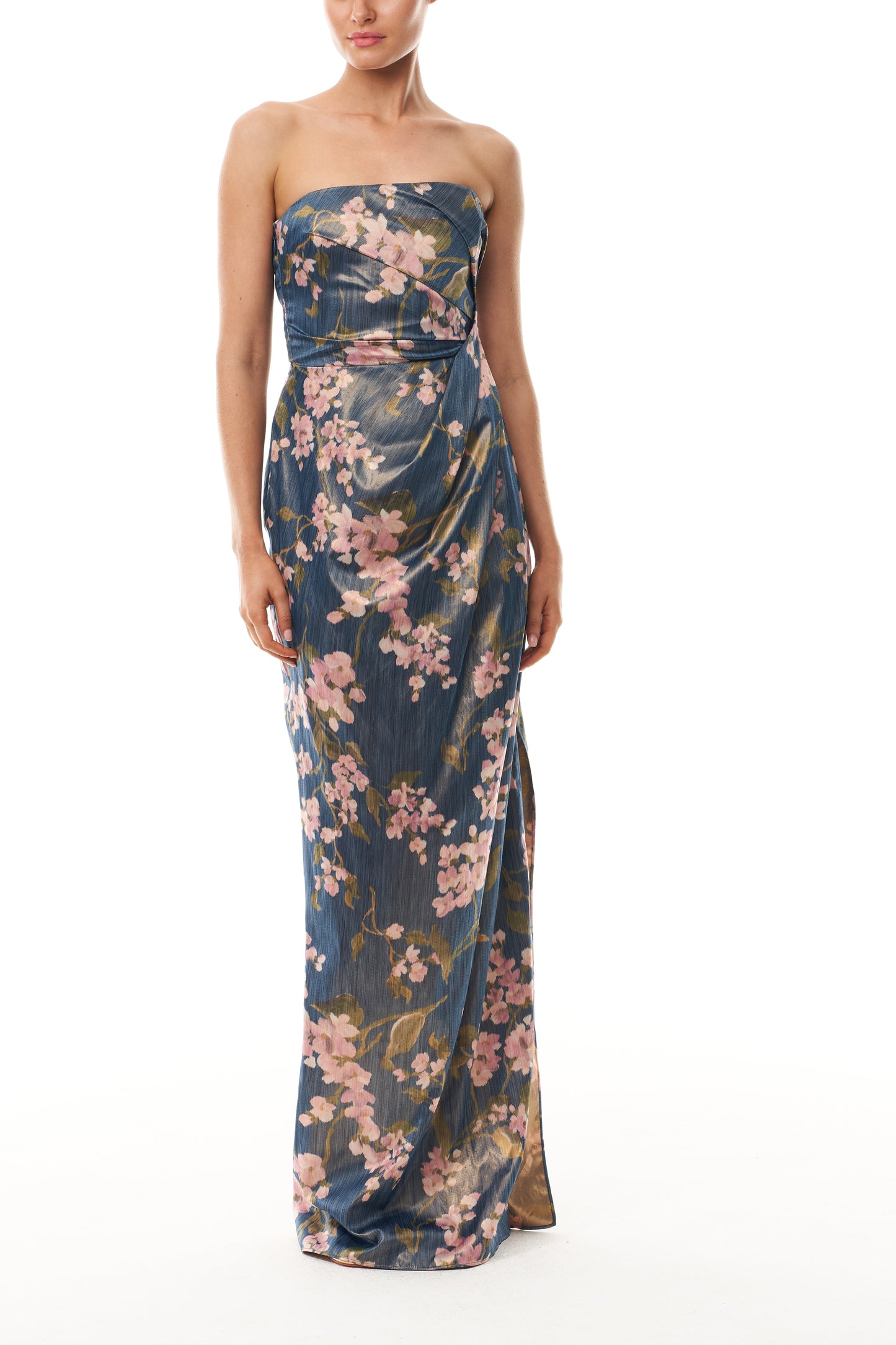 Monique Lhuillier Fall 2025 Draped Strapless Column Gown in Ocean/Multi Wisteria Printed Chine - front.