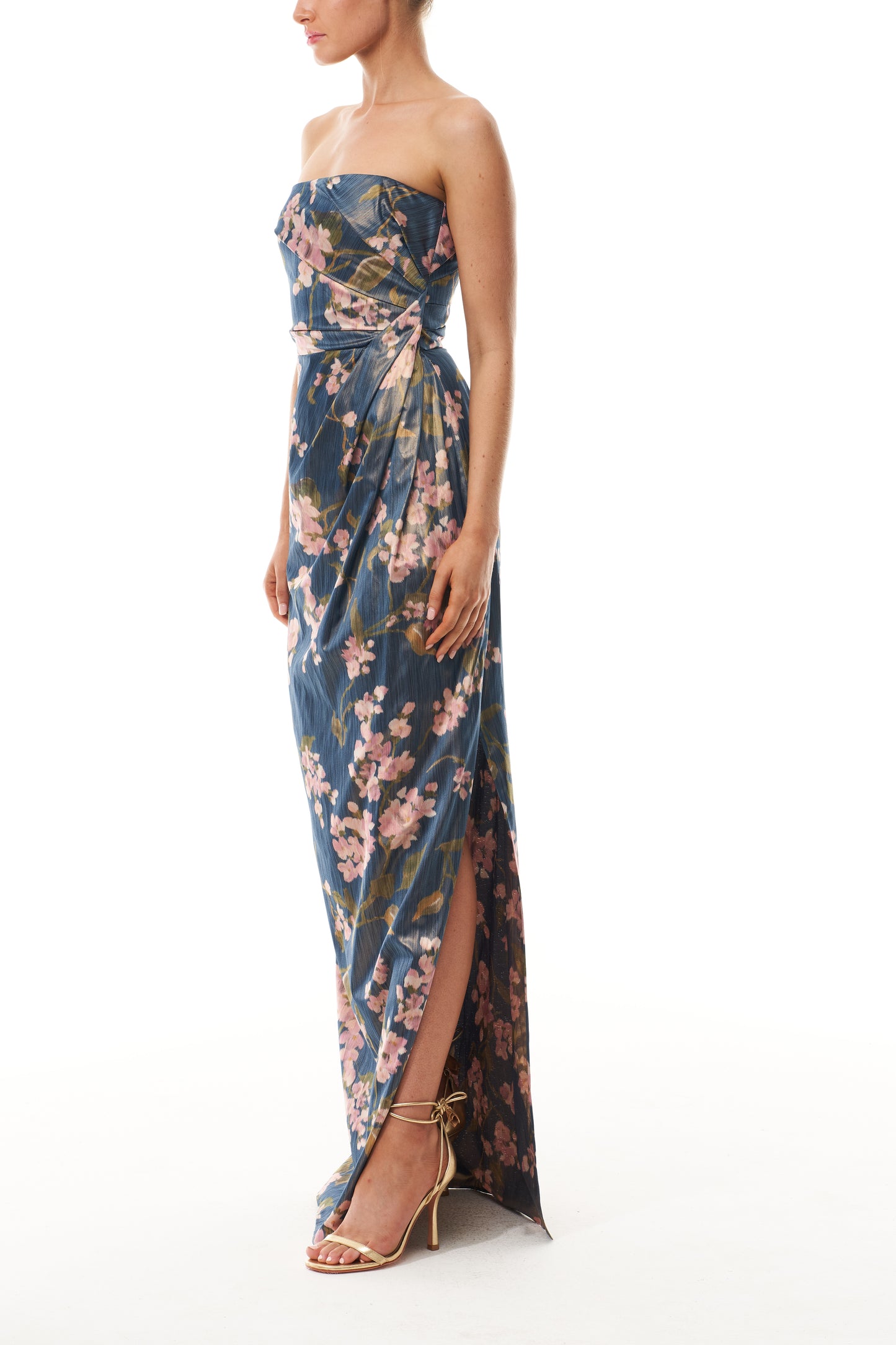 Monique Lhuillier Fall 2025 Draped Strapless Column Gown in Ocean/Multi Wisteria Printed Chine - side.