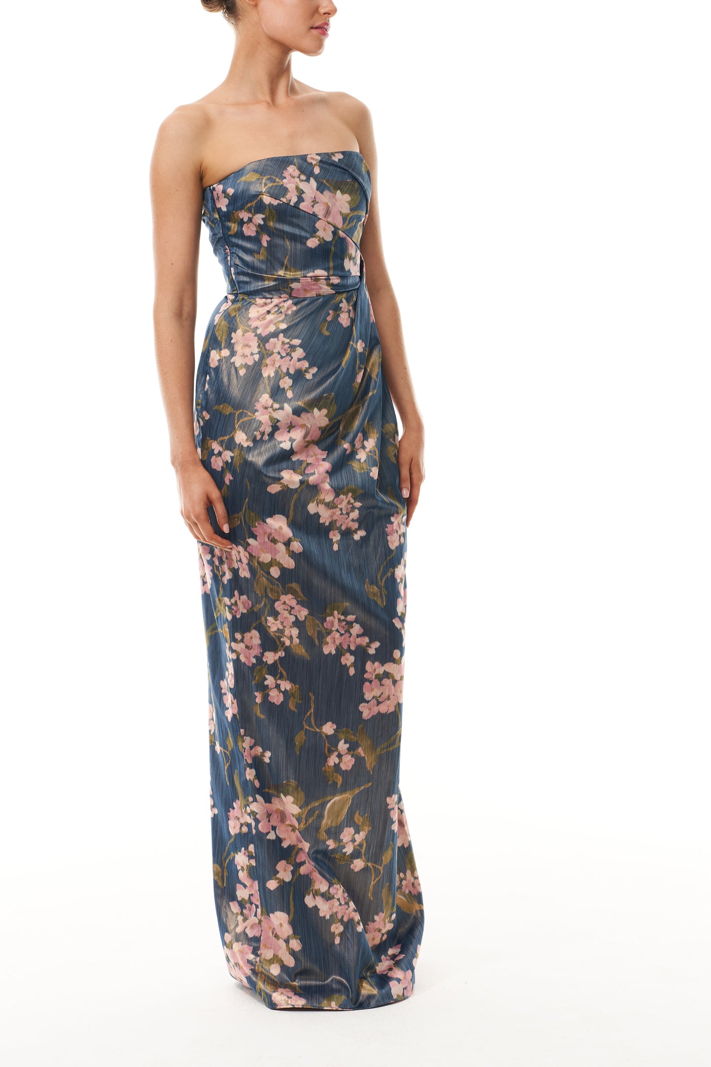 Monique Lhuillier Fall 2025 Draped Strapless Column Gown in Ocean/Multi Wisteria Printed Chine - side.