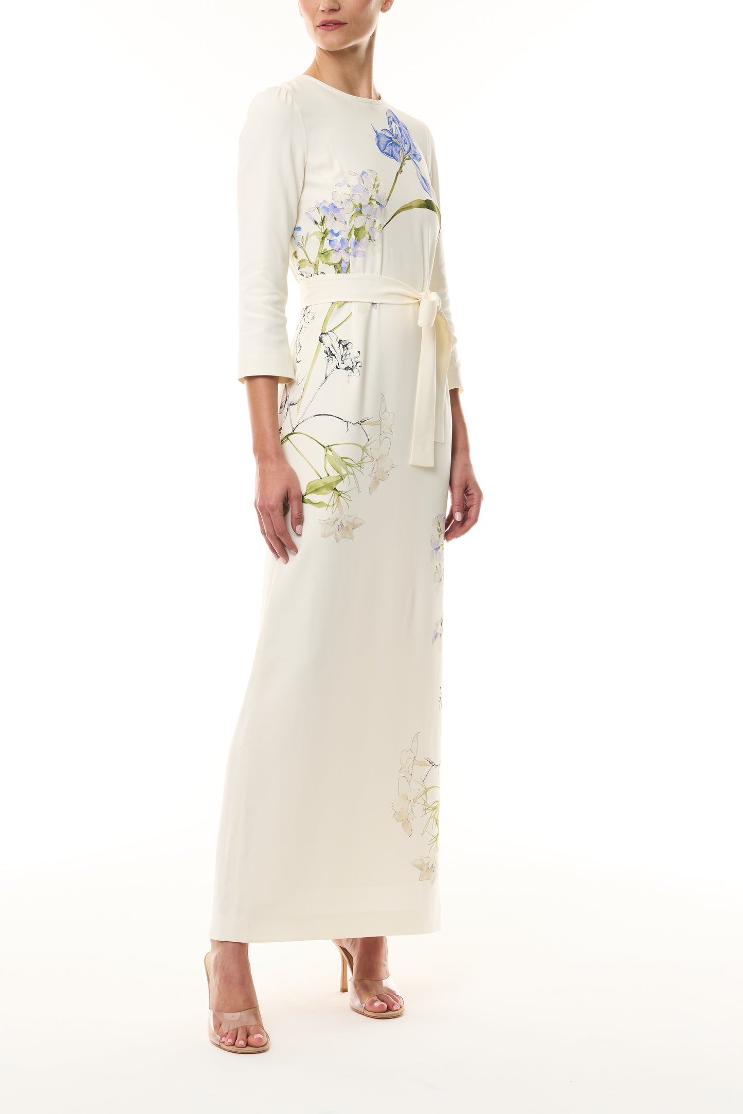 Monique Lhuillier Spring 2026 Ivory/Multi Iris Printed Crepe Bracelet sleeve sheath dress with belt - side.