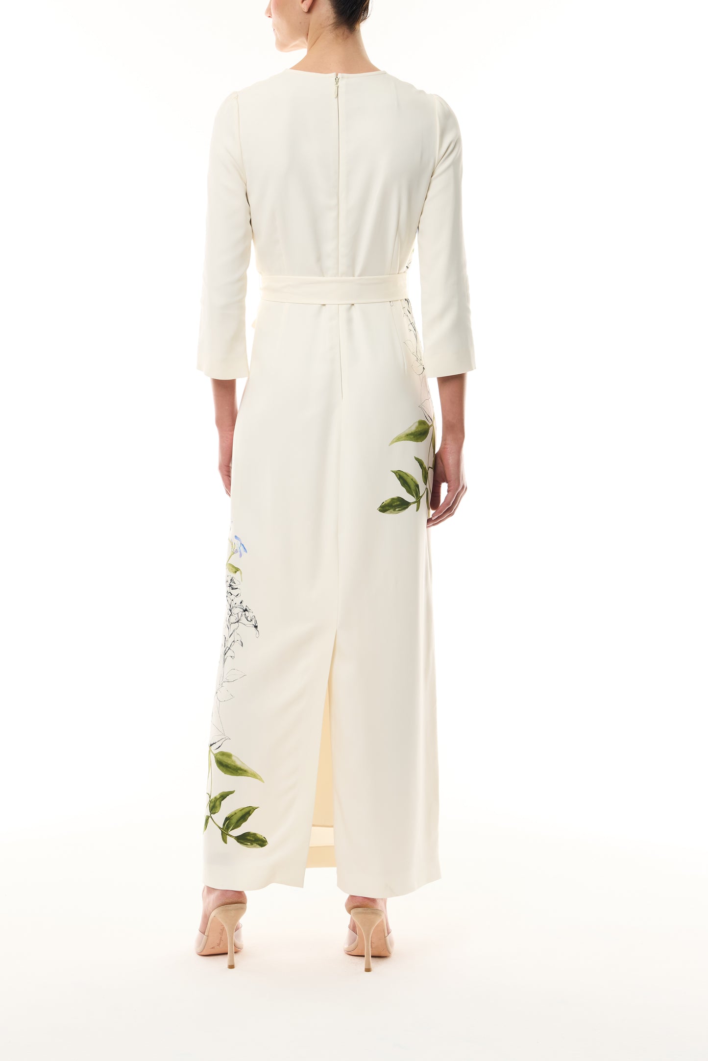 Monique Lhuillier Spring 2026 Ivory/Multi Iris Printed Crepe Bracelet sleeve sheath dress with belt - back.