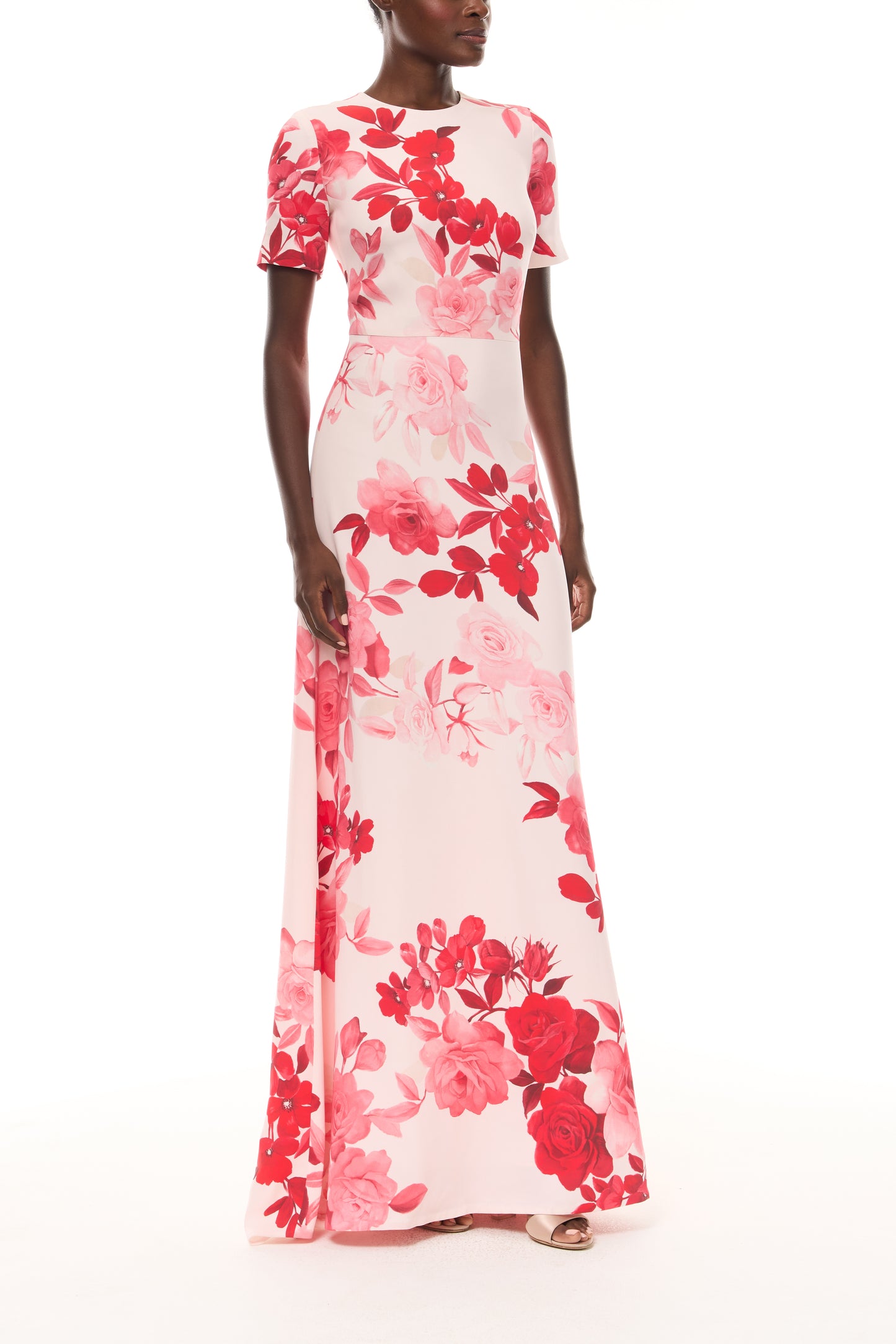 Monique Lhuillier Spring 2026 Powder Pink Multi Rose Ombre Printed Crepe short sleeve floor length gown - side.