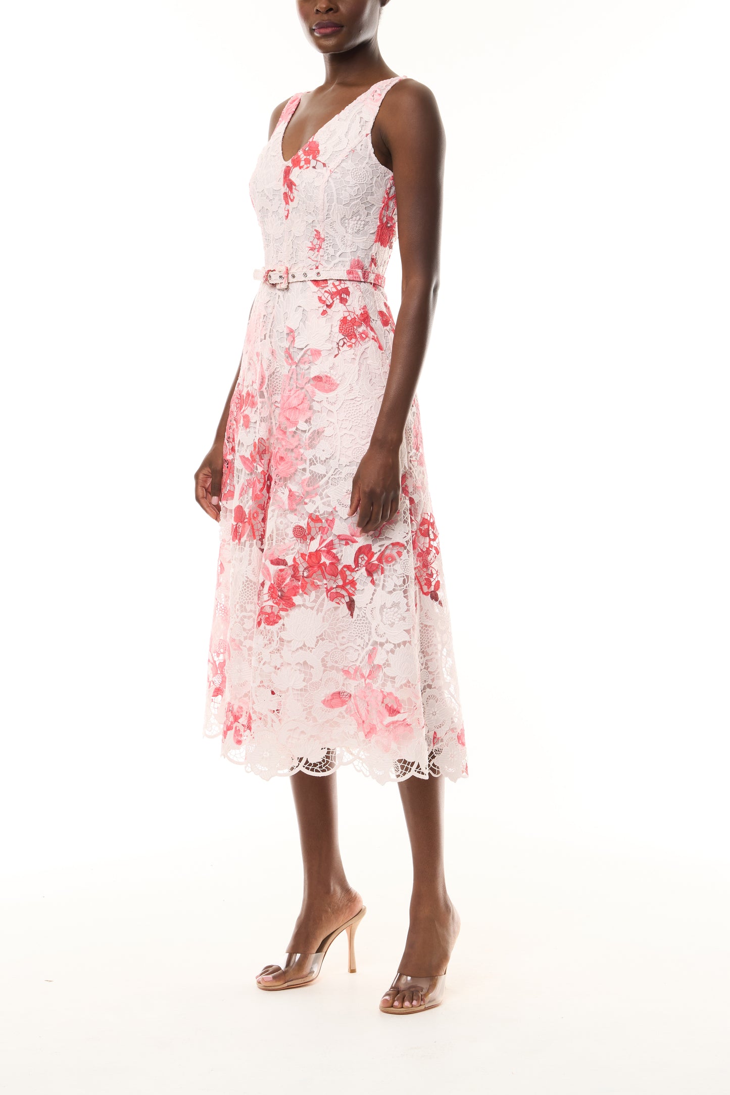 Monique Lhuillier Spring 2026 Powder Pink Multi Rose Ombre Printed Lace V
- neck dress with belt - side.