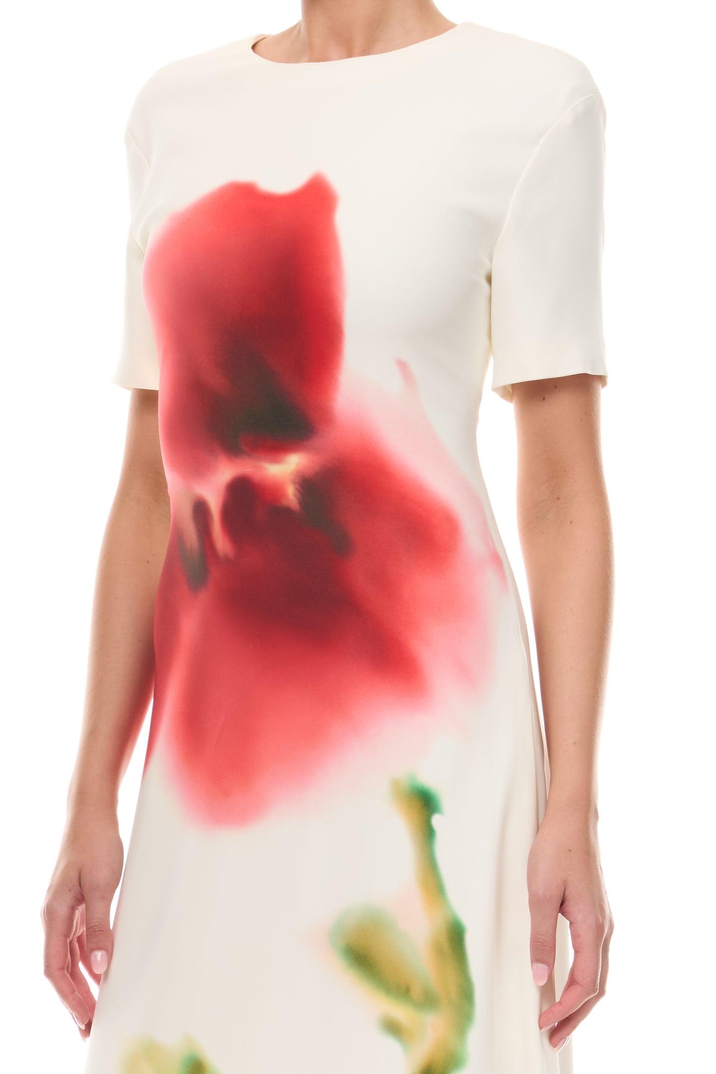 Monique Lhuillier Spring 2026 Ivory/Multi Watercolor Floral Printed Crepe Short -sleeve A-line gown - fabric.