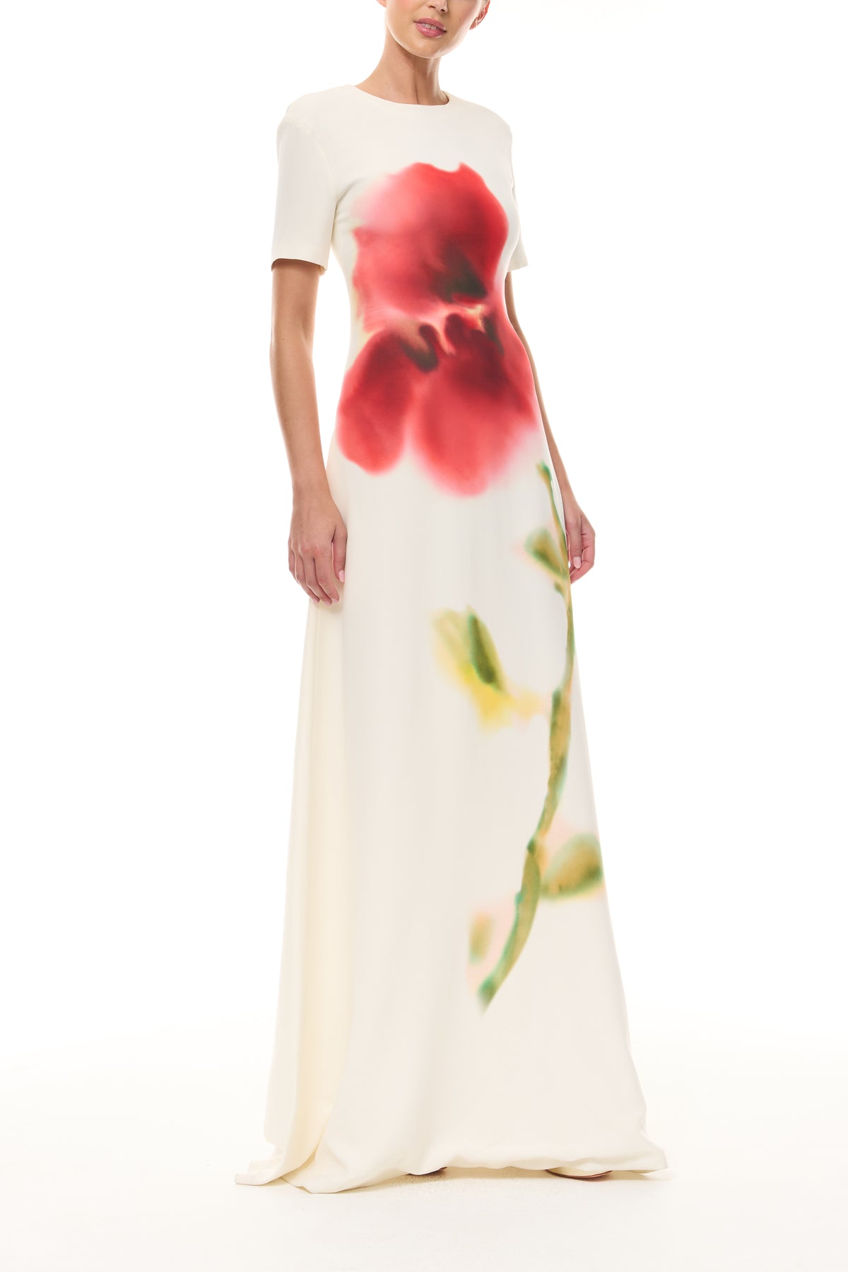 Monique Lhuillier Spring 2026 Ivory/Multi Watercolor Floral Printed Crepe Short -sleeve A-line gown - side.