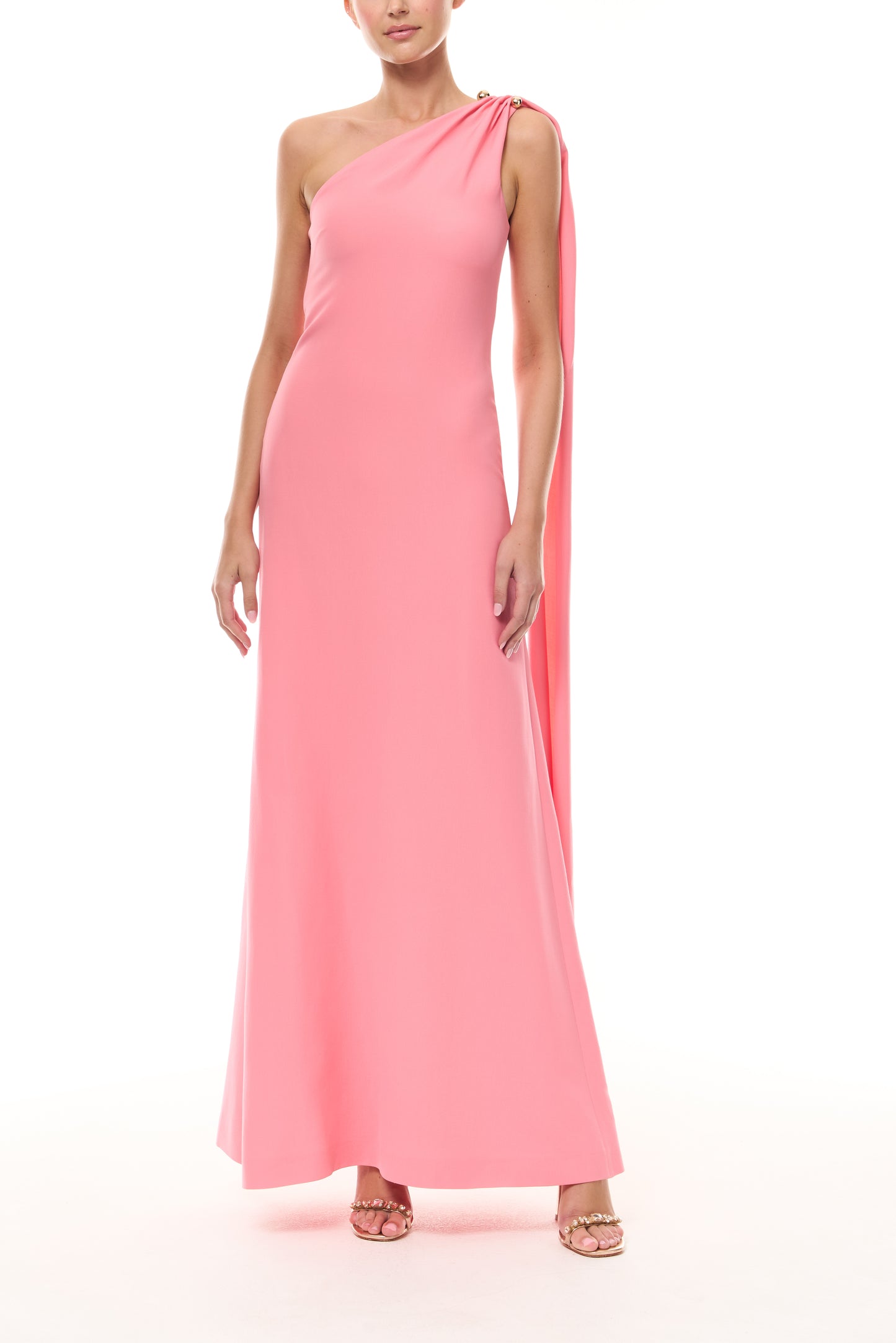 Monique Lhuillier Spring 2026 Plumeria Lighweight Silk Wool Suiting One shoulder draped gown with gold ball piercing -front.