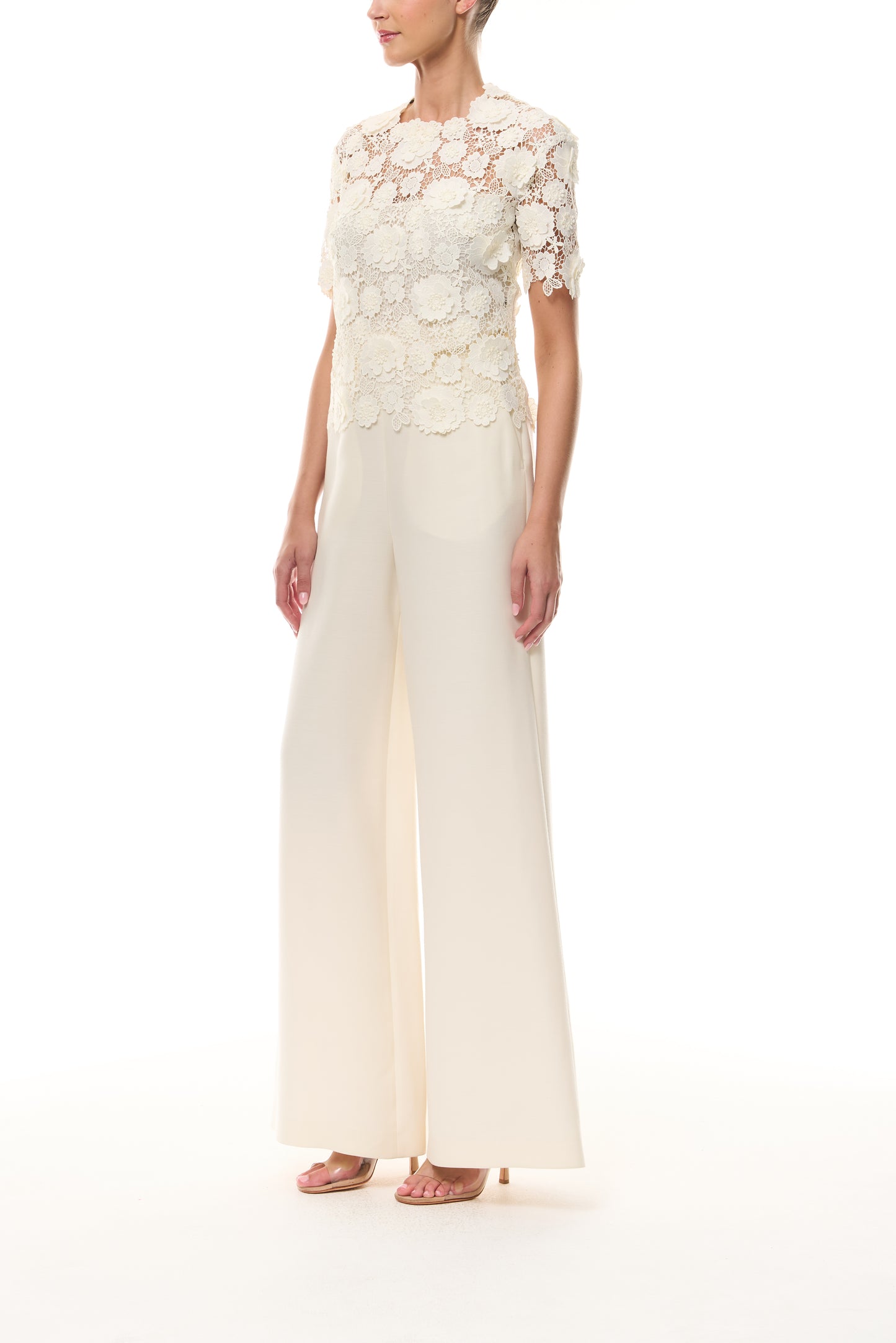 Monique Lhuillier Spring 2026 Ivory three dimensional floral lace Short sleeve blouse
with separate camisole -side.