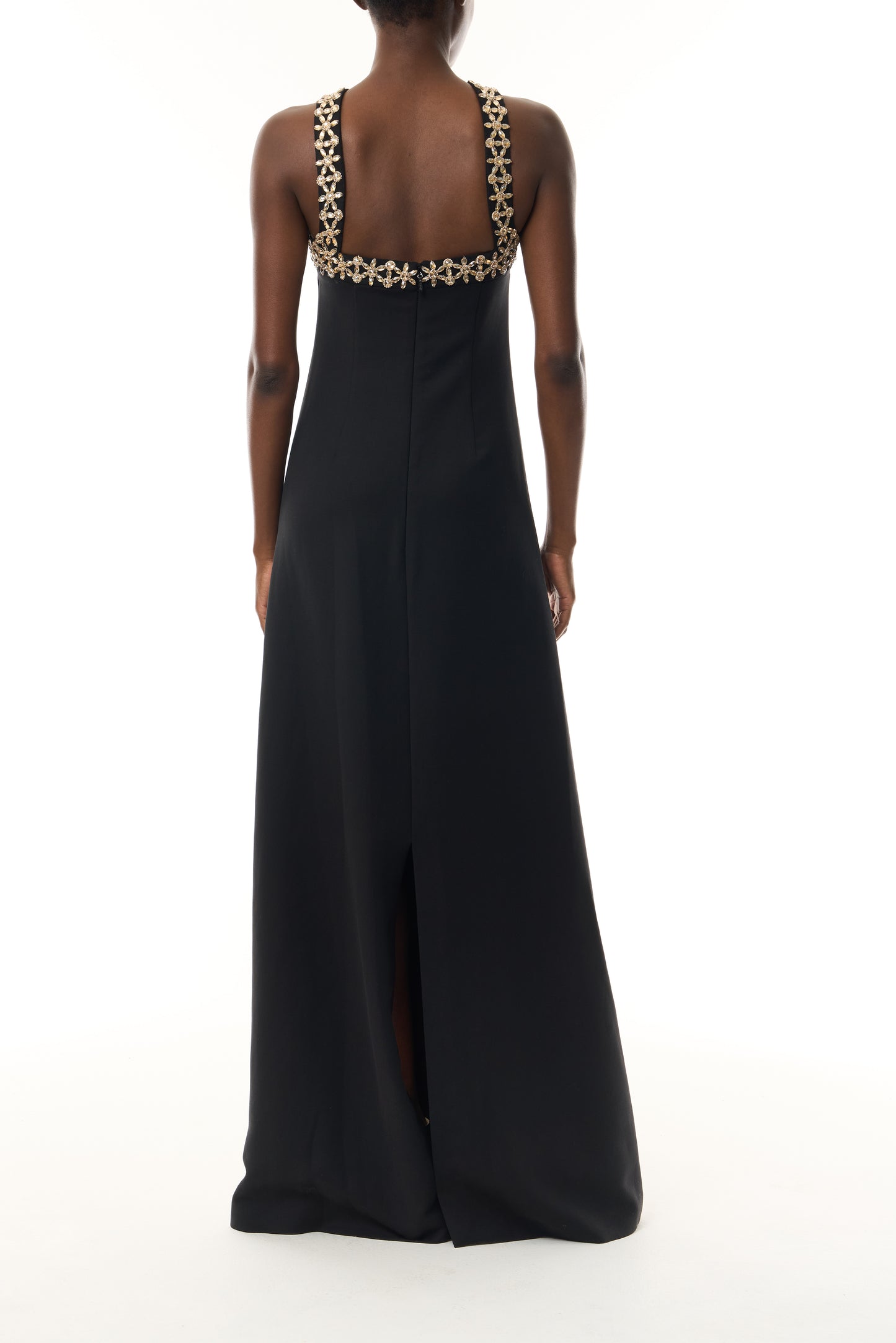 Monique Lhuillier Spring 2026 Noir Lightweight Silk Wool Suiting Cut - away neckline with gold crystal embroidery - back.