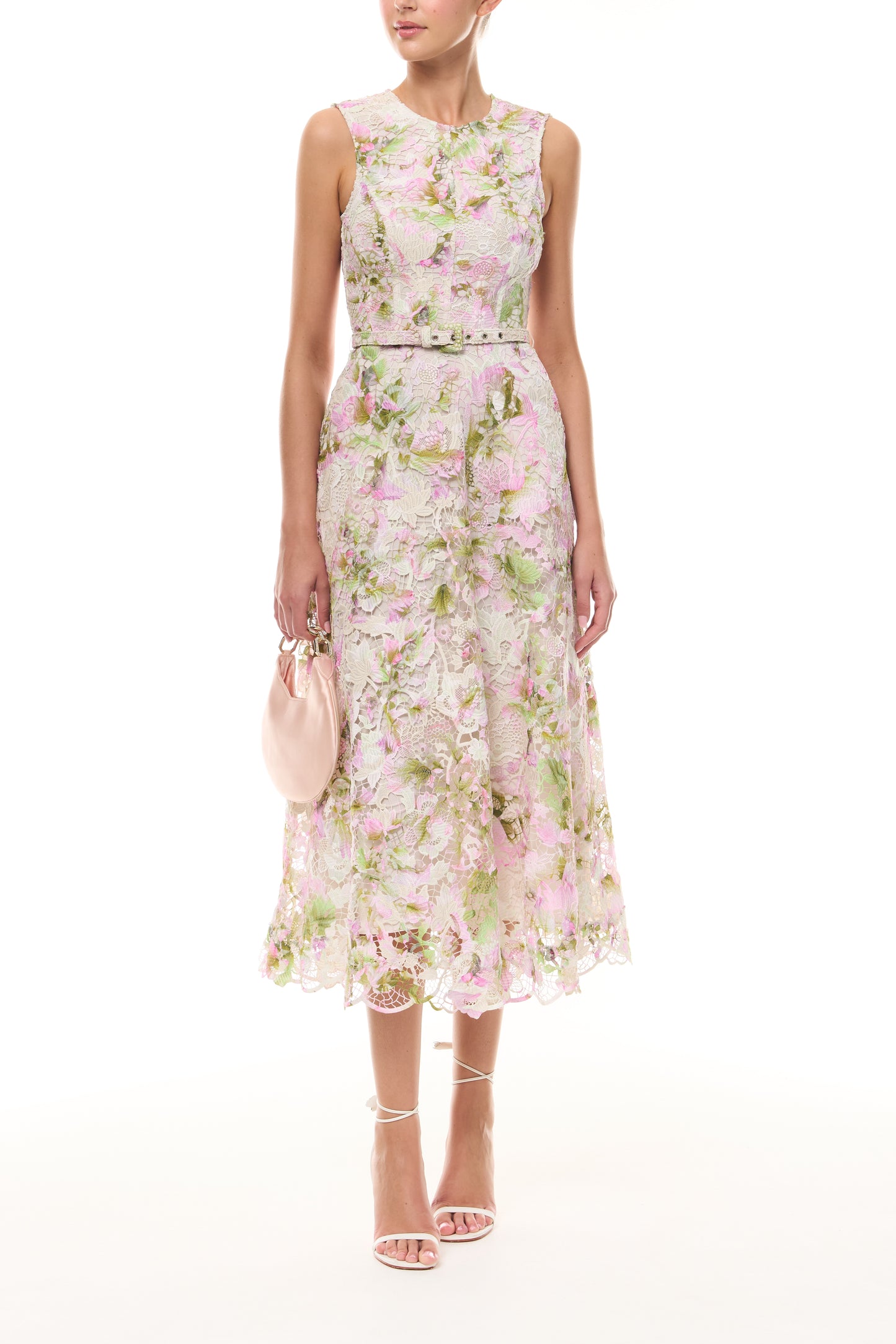 Monique Lhuillier Spring 2026 Carnation Multi Small Tulip Printed Lace Sleeveless dress with belt - front with Blush Demi Evening bag