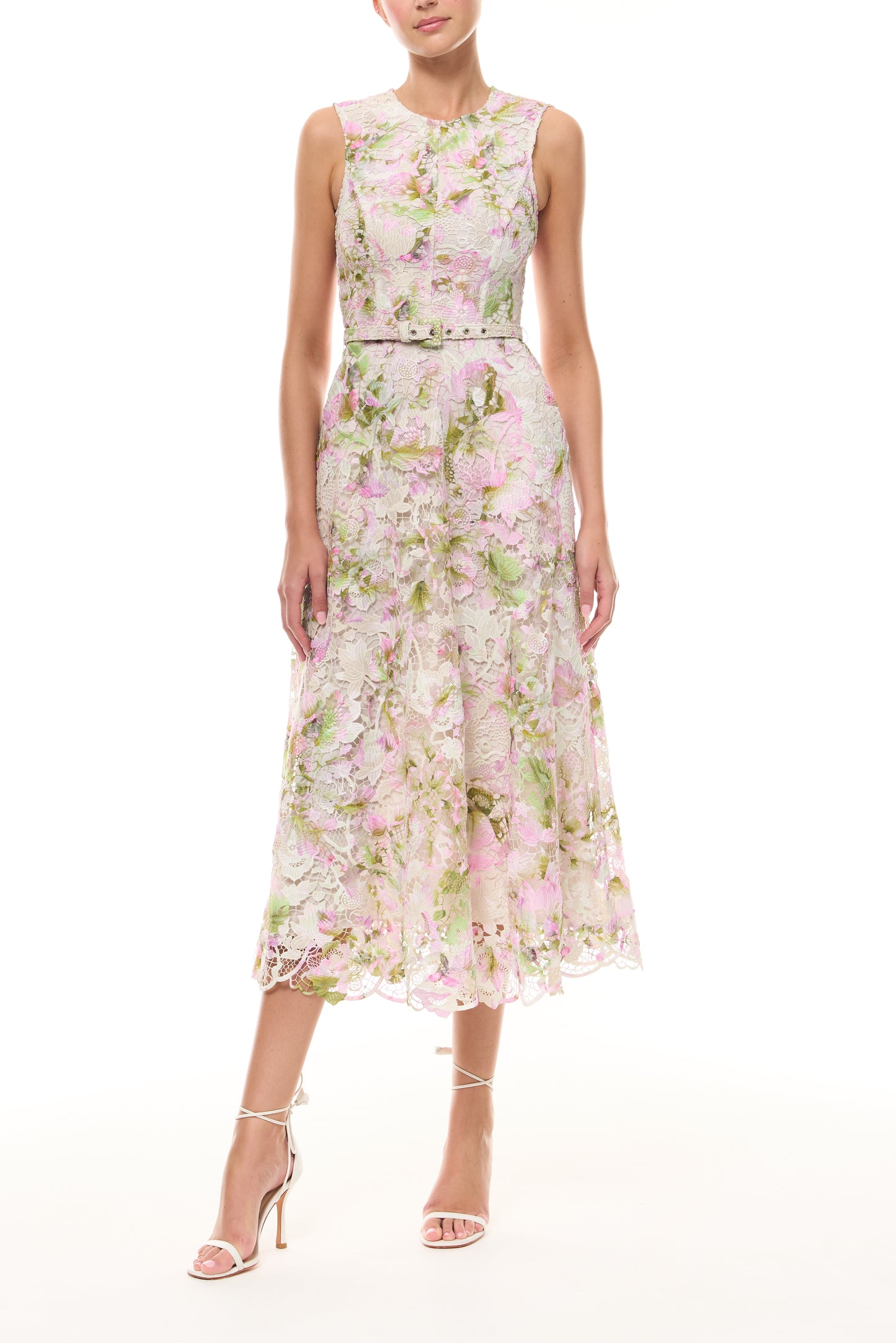 Monique Lhuillier Spring 2026 Carnation Multi Small Tulip Printed Lace Sleeveless dress with
belt - front.