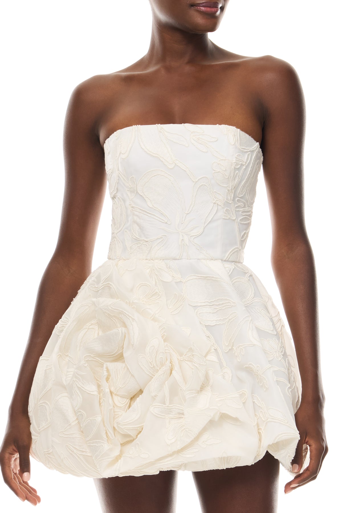 Monique Lhuillier Spring 2026 Silk White Floral Organza Strapless mini dress with rosette draped bubble skirt - fabric.