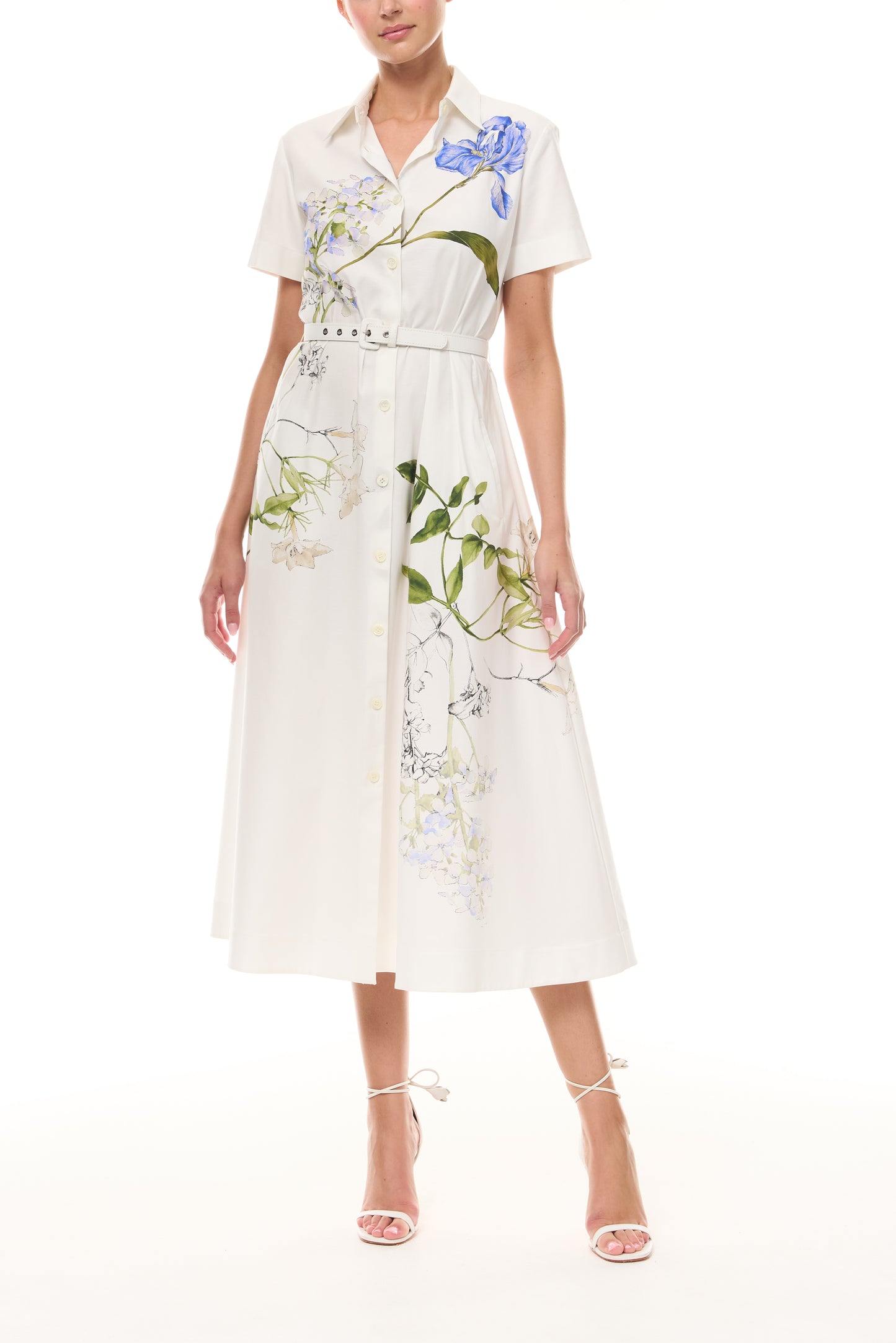 Monique Lhuillier Spring 2026 Silk White Multi Iris Bouquet Printed Cotton Poplin short-sleeved shirt dress with belt - front.