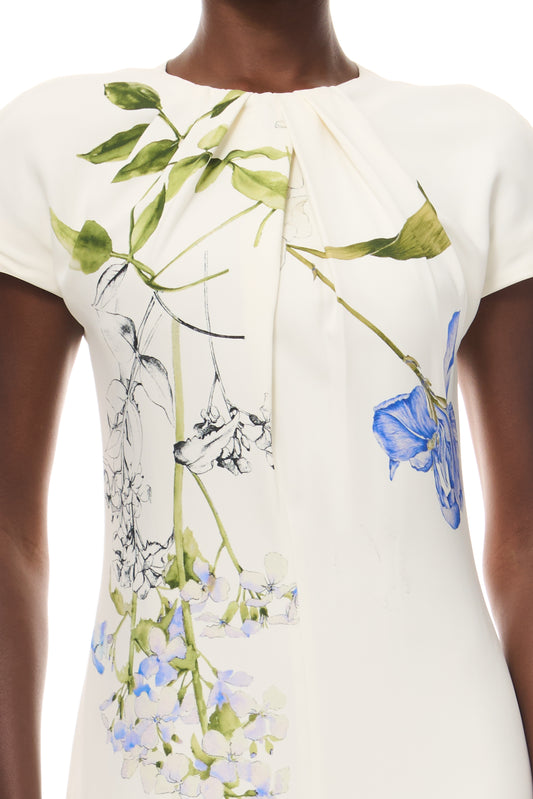 Monique Lhuillier Spring 2026 Ivory/Multi Iris Bouquet Printed Crepe Draped neckline cap sleeve dress - fabric.