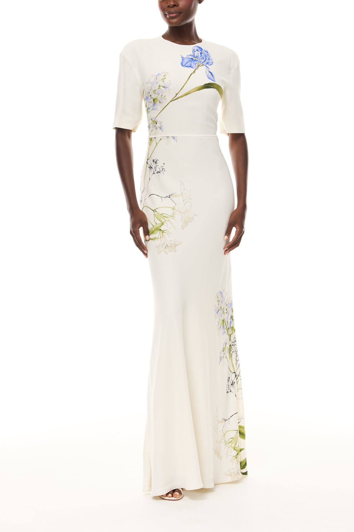 Monique Lhuillier Spring 2026 Ivory/Multi Iris Bouquet Printed CrepeShort sleeve bias gown - front.