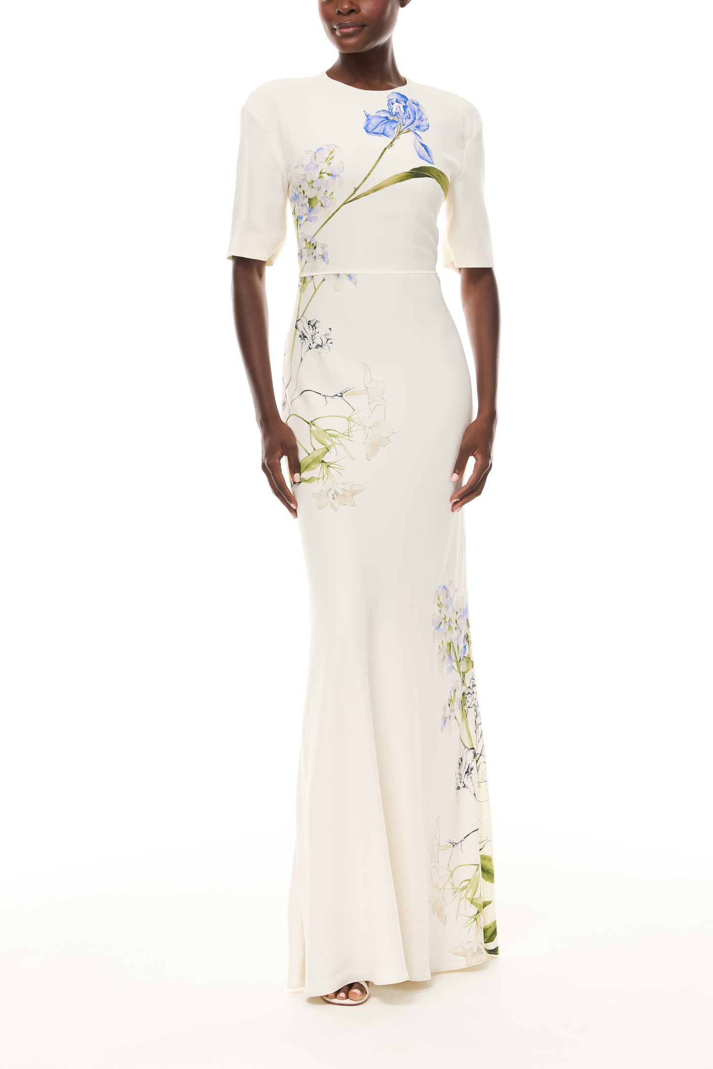 Monique Lhuillier Spring 2026 Ivory/Multi Iris Bouquet Printed CrepeShort sleeve bias gown - front.