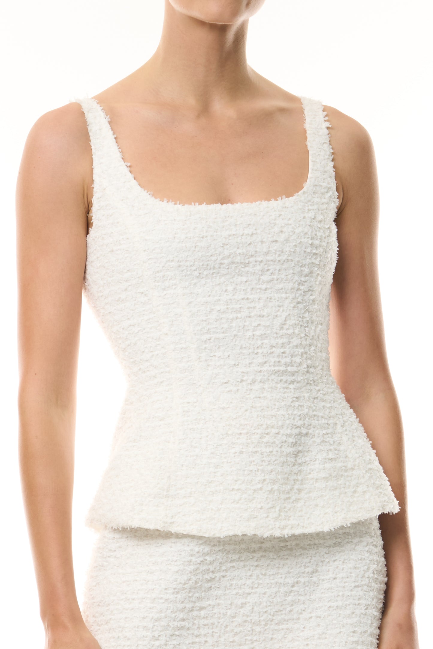 Monique Lhuillier Fall 2026 Sleeveless Peplum Mini Dress in Silk White Clip Jacquard - fabric.