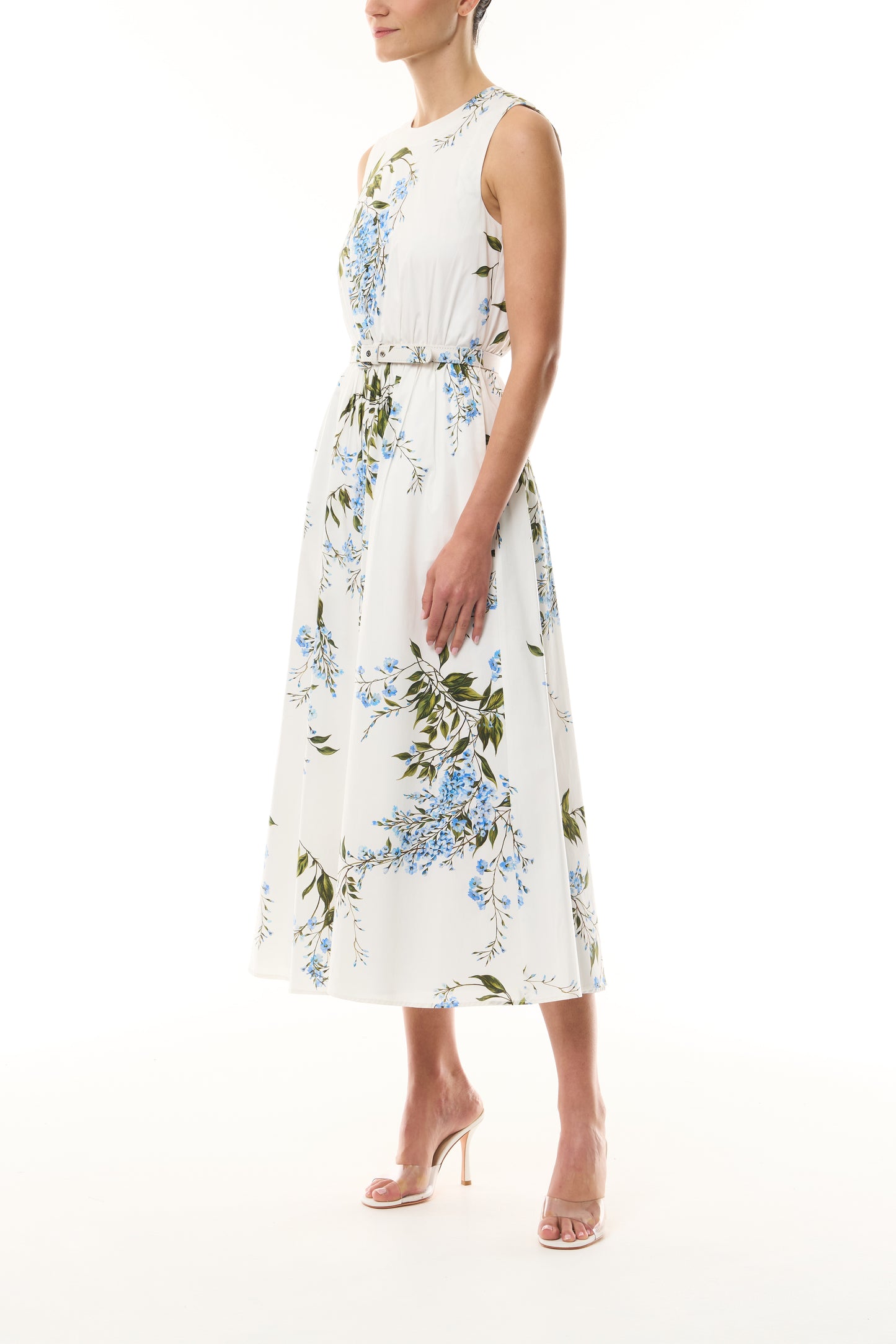 Monique Lhuillier Fall 2026 White/Multi Wisteria Printed Stretch Cotton Poplin day dress with belt and pockets - side.