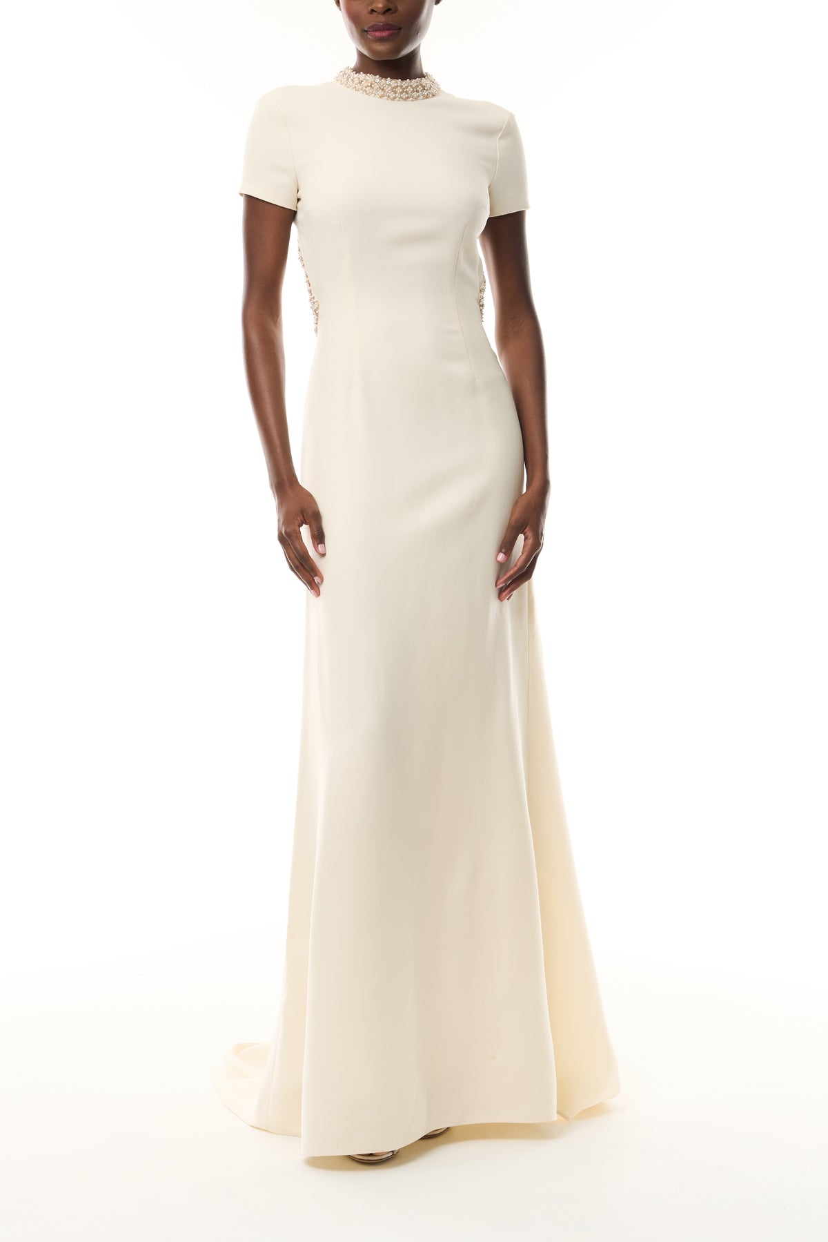 Monique Lhuillier Fall 2026 Ivory Silk Wool Suiting Pearl Trimmed Open Back Gown - front.