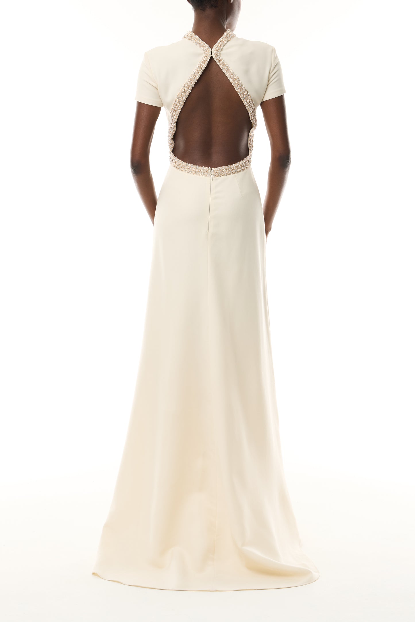 Monique Lhuillier Fall 2026 Ivory Silk Wool Suiting Pearl Trimmed Open Back Gown - back.