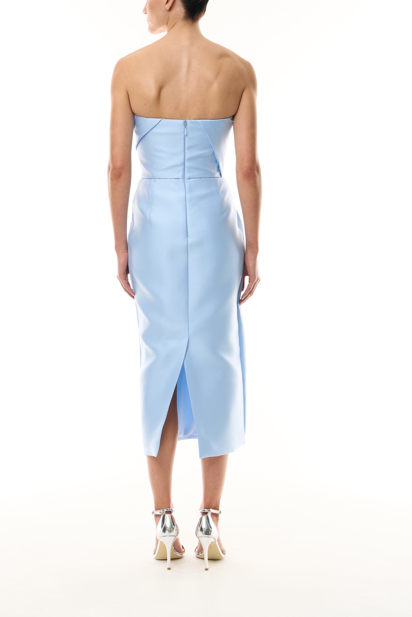 Monique Lhuillier Fall 2026 pale blue Mikado Piqué strapless sweetheart draped cocktail dress - back.