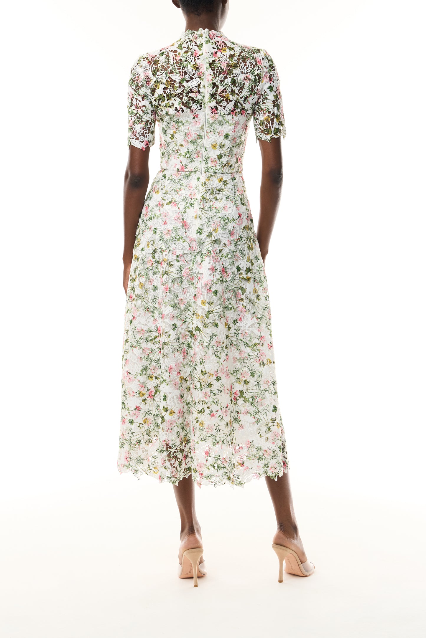 Monique Lhuillier Fall 2026 Short Sleeve Lace Dress in Silk White Multi Ivy Bloom Printed Lace - back.