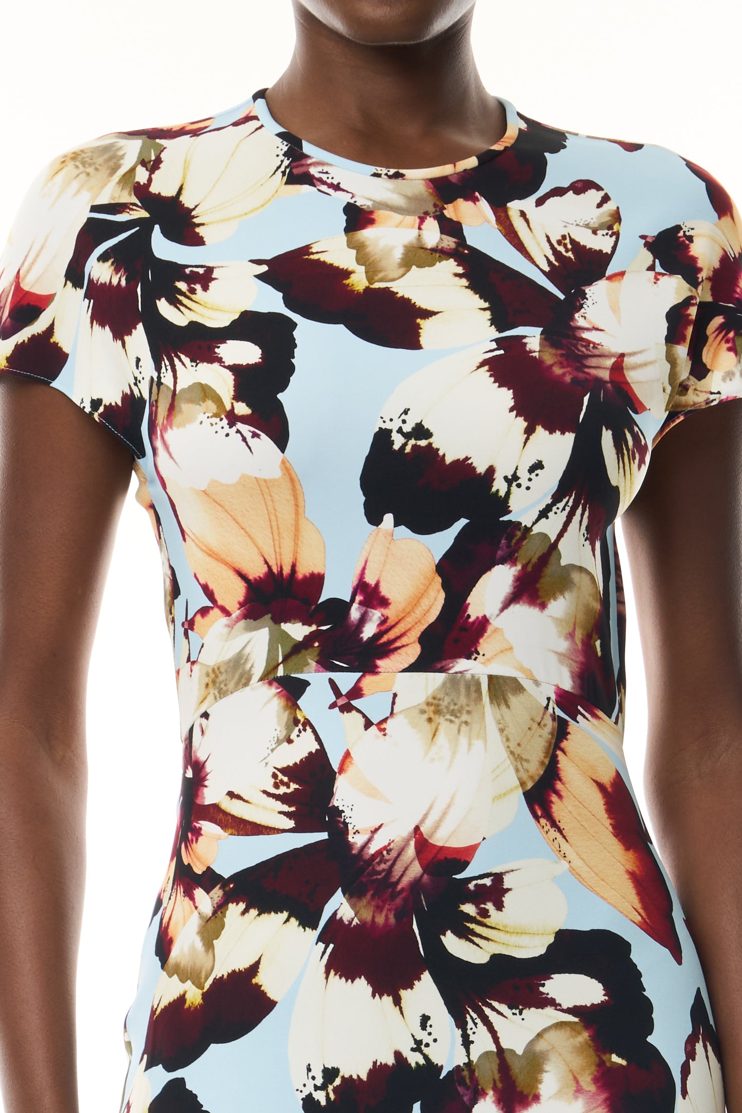 Monique Lhuillier Fall 2026 Breeze/Multi Amber Lily Stretch Crepe Short Sleeve Amber Lily Day Dress - fabric.