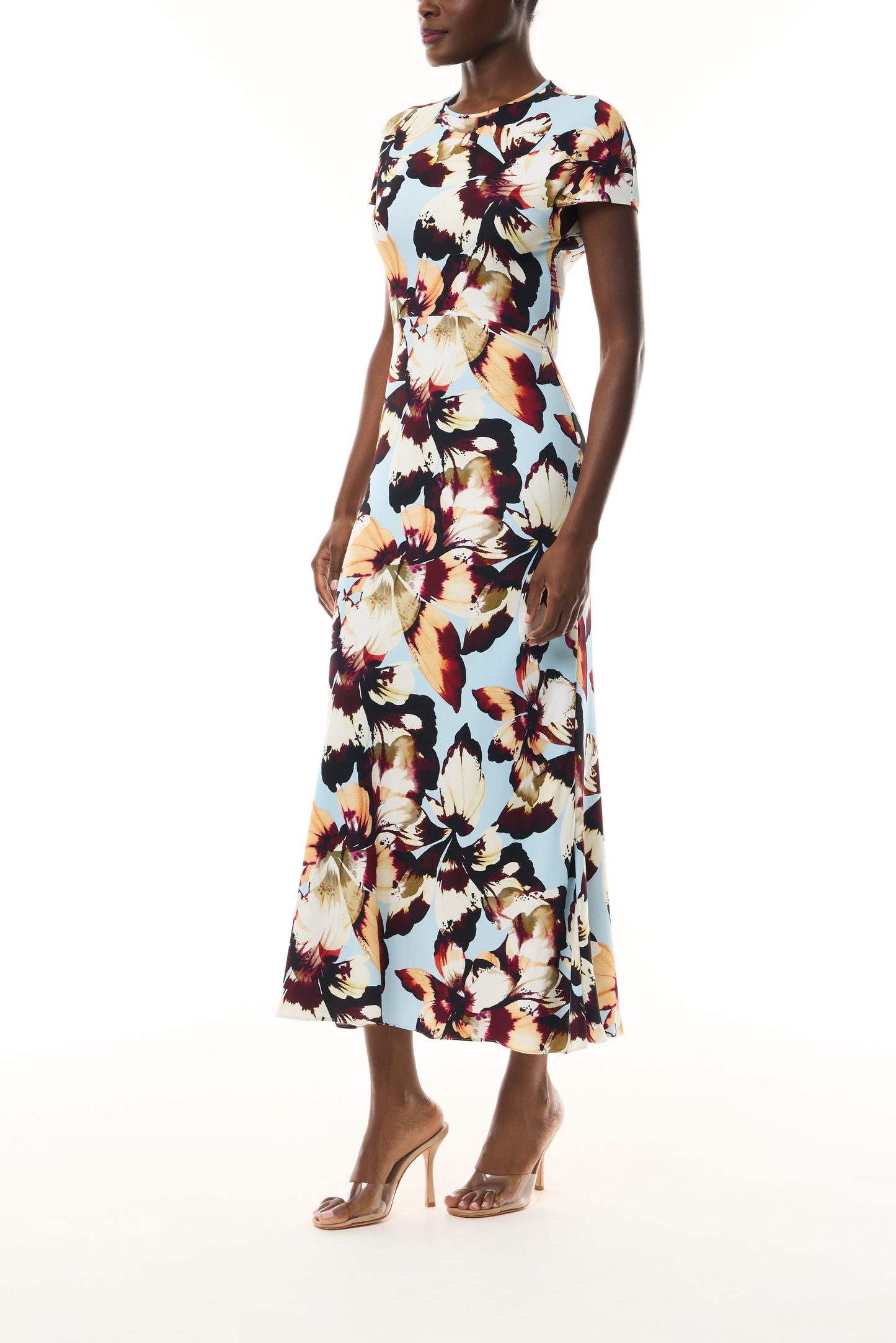 Monique Lhuillier Fall 2026 Breeze/Multi Amber Lily Stretch Crepe Short Sleeve Amber Lily Day Dress - side.